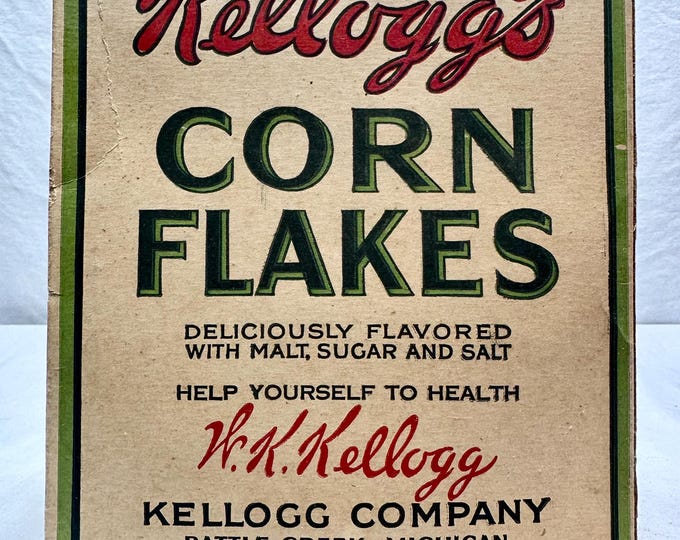 Vintage Kellogg’s Corn Flakes 8 ounce Original Cardboard Cereal Box, Waxtite Liner,1925, Battle Creek Michigan