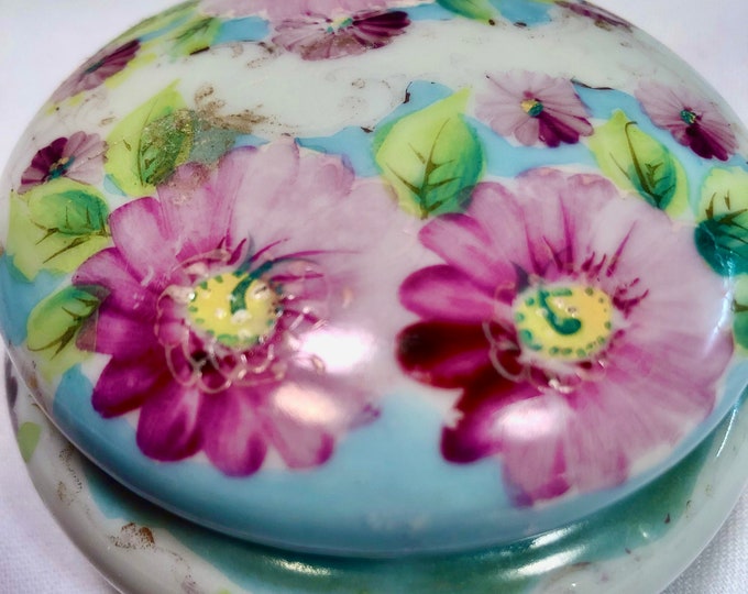 Vintage Porcelain Hand Painted Pink Daisy Powder Box/Jewelry Dish