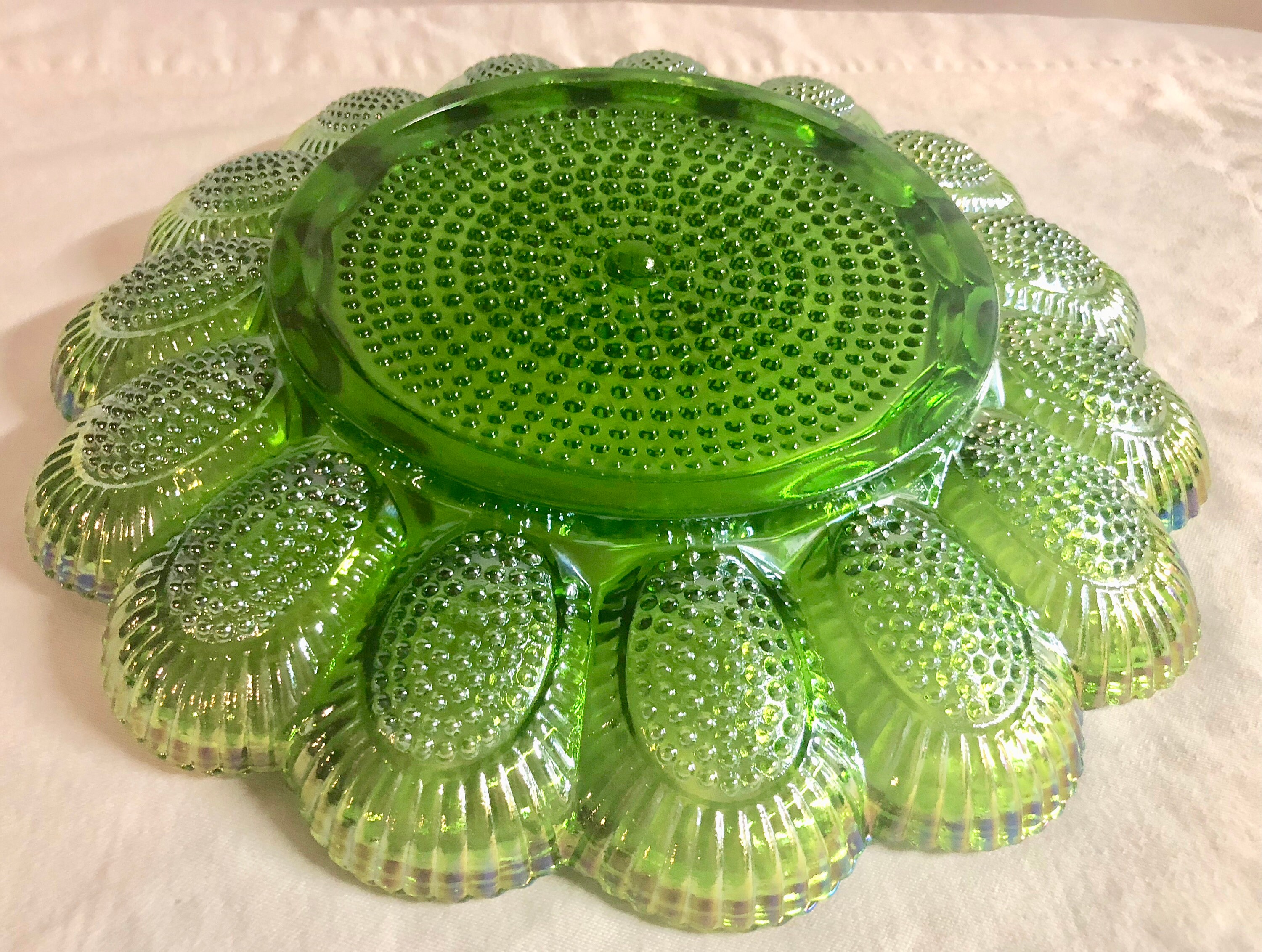 Antique Green Iridescent Hobnail Carnival Glass Deviled Egg/Oyster