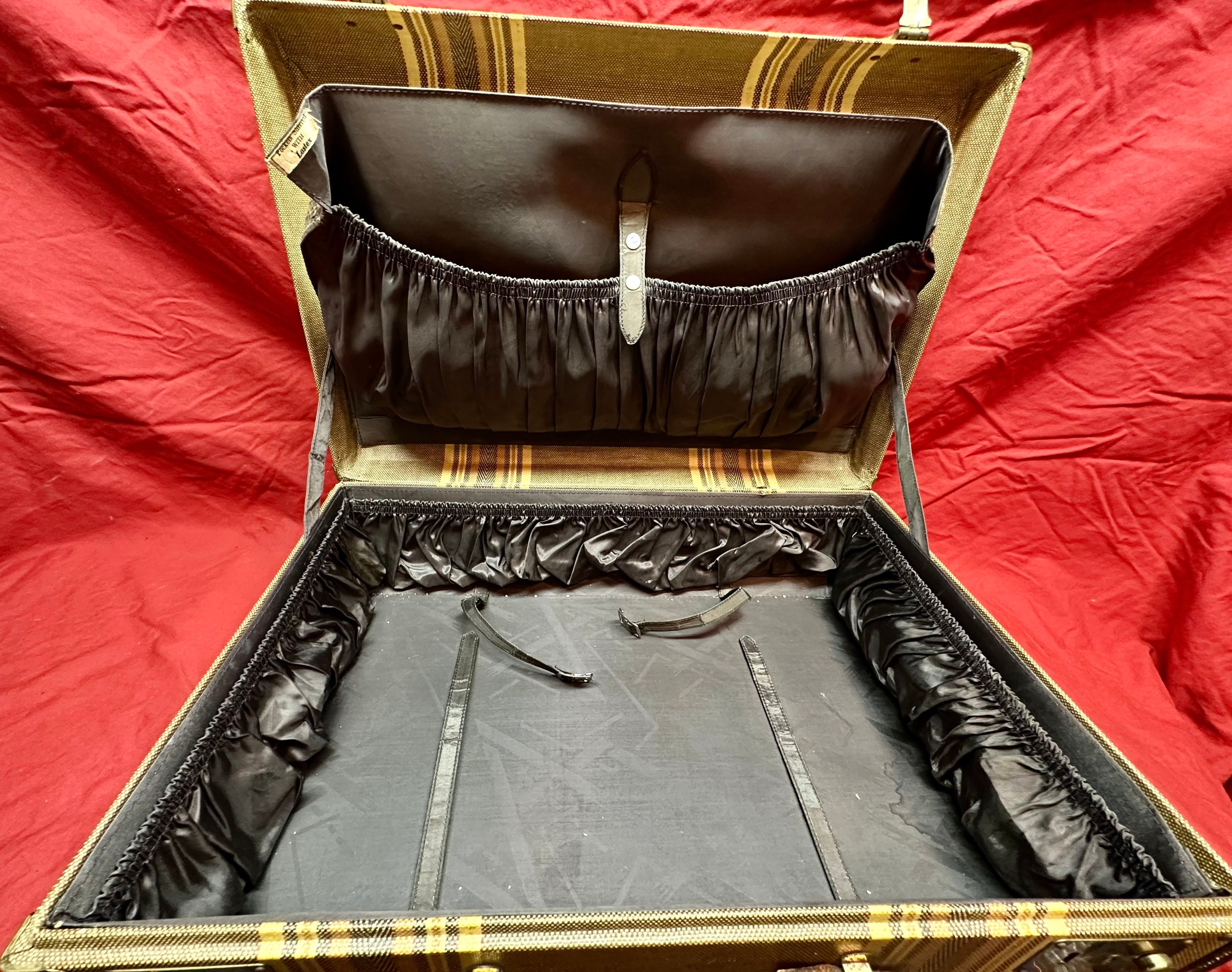 Vintage Hardcover SuitcaseBrown and Tan Tweed Striped Pattern,Brass