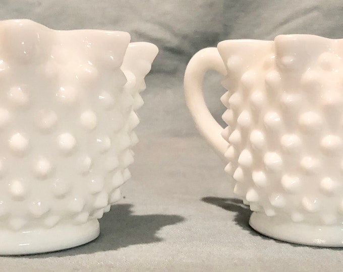 Vintage Fenton White Milk Glass Hobnail Sugar and Creamer Set with Ruffled Edge