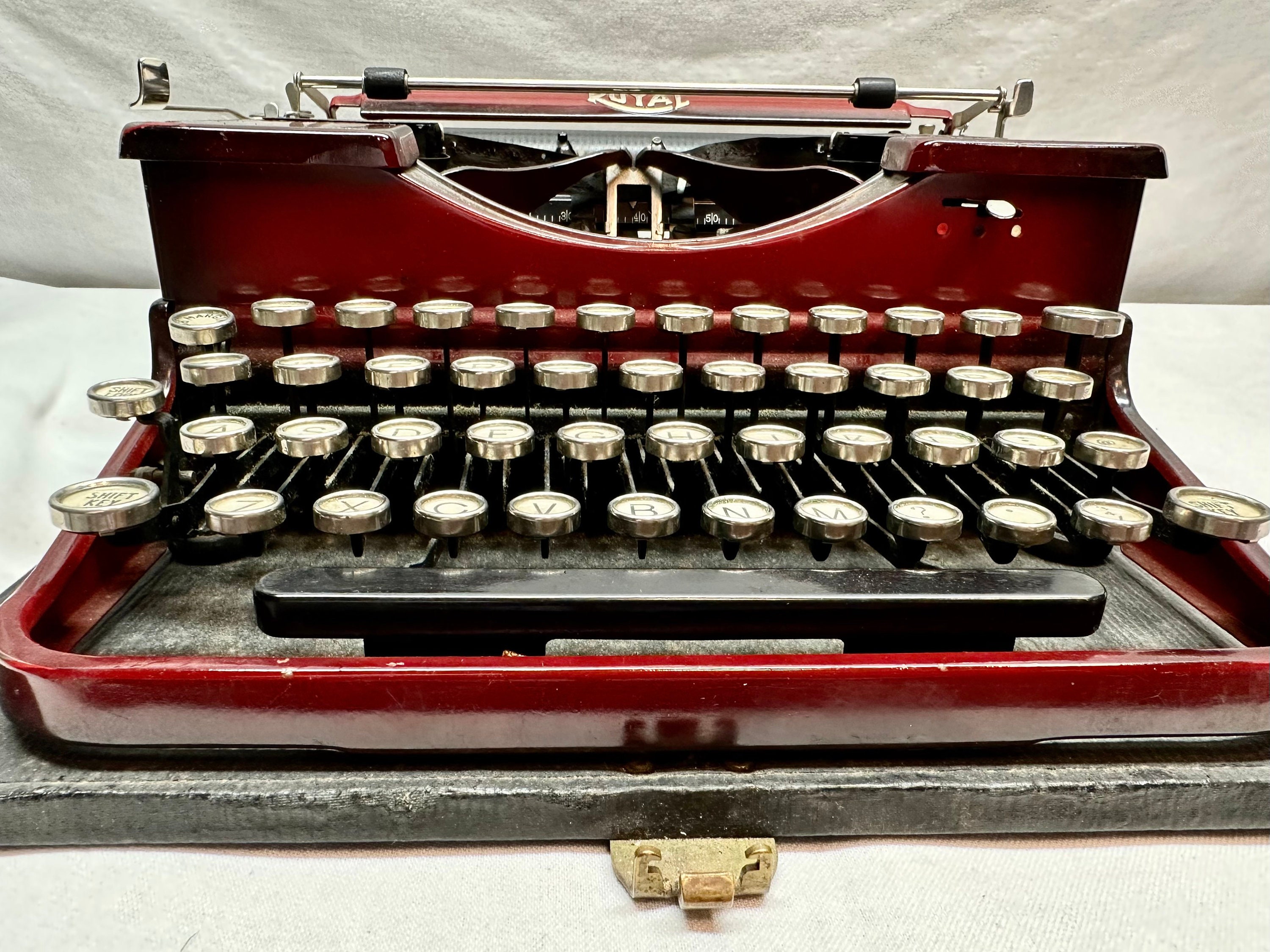 Vintage Royal Red Metal Typewriter in Original Carrying Case with Key