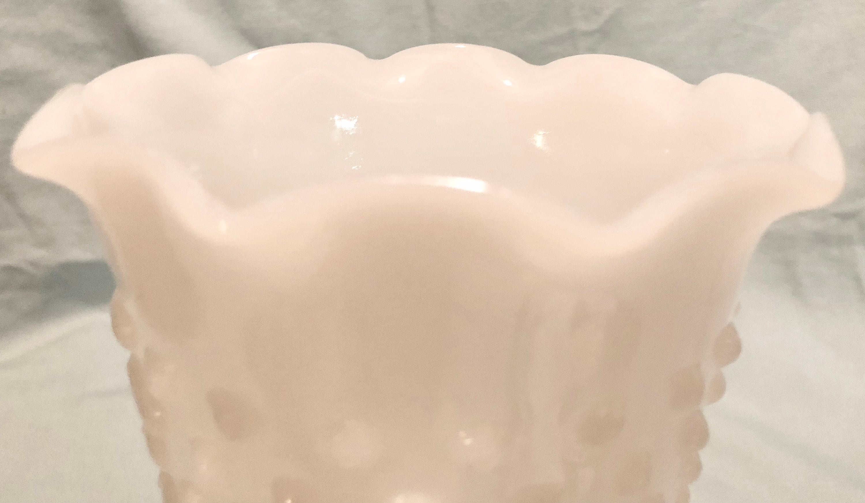 White Milk Glass Hobnail Vase with Ruffled Edge