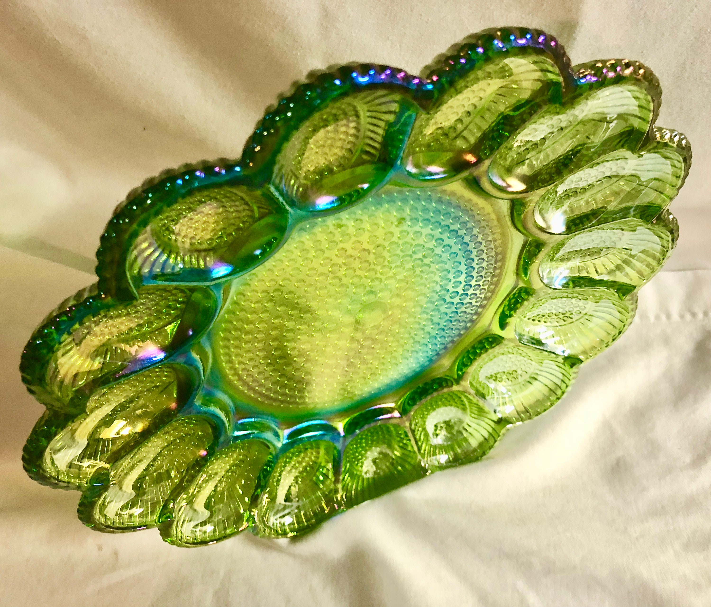 Antique Green Iridescent Hobnail Carnival Glass Deviled Egg/Oyster