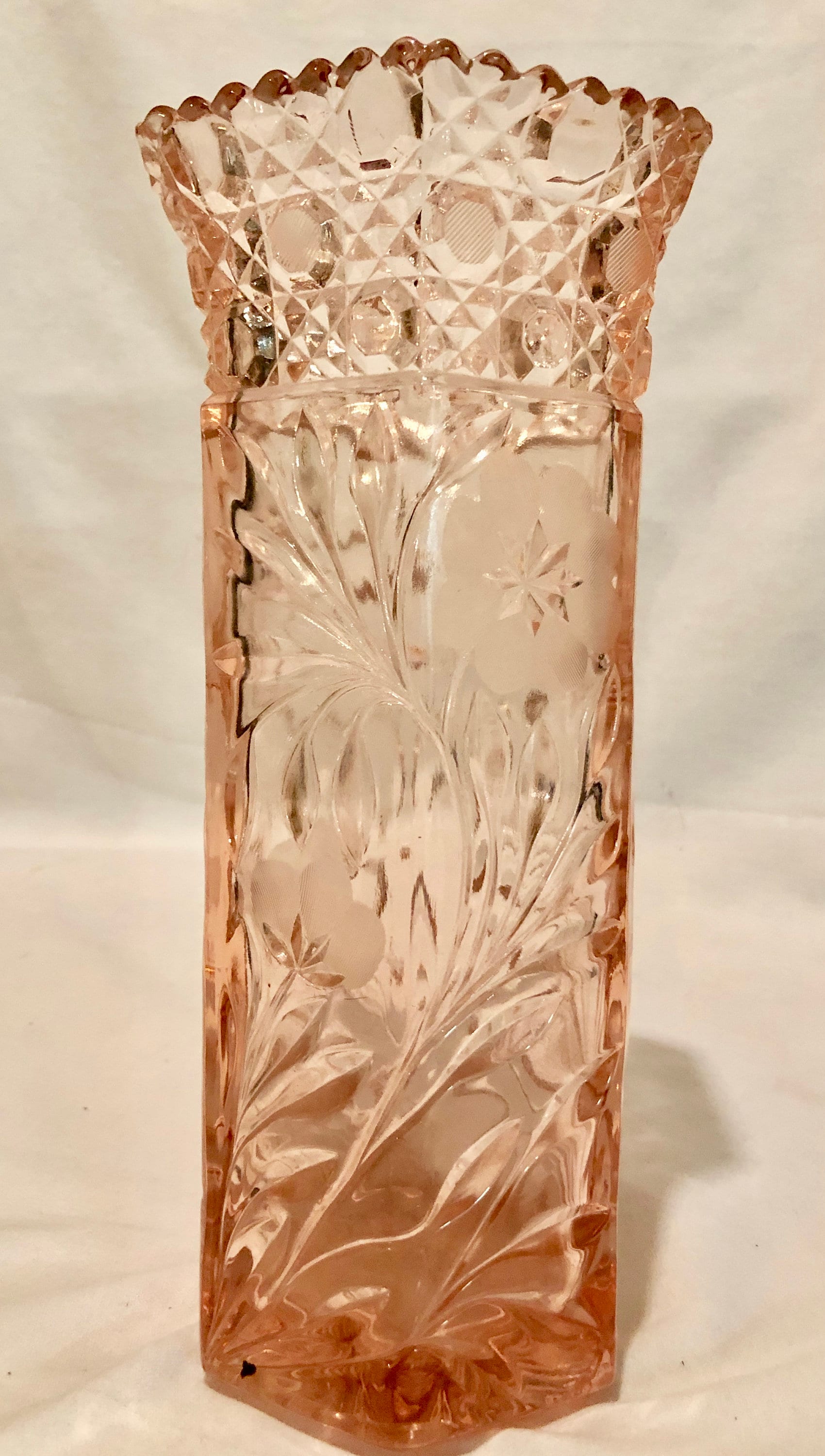 Blush Pink Depression Cut Glass Vase with Floral/Tic Tac Toe Pattern