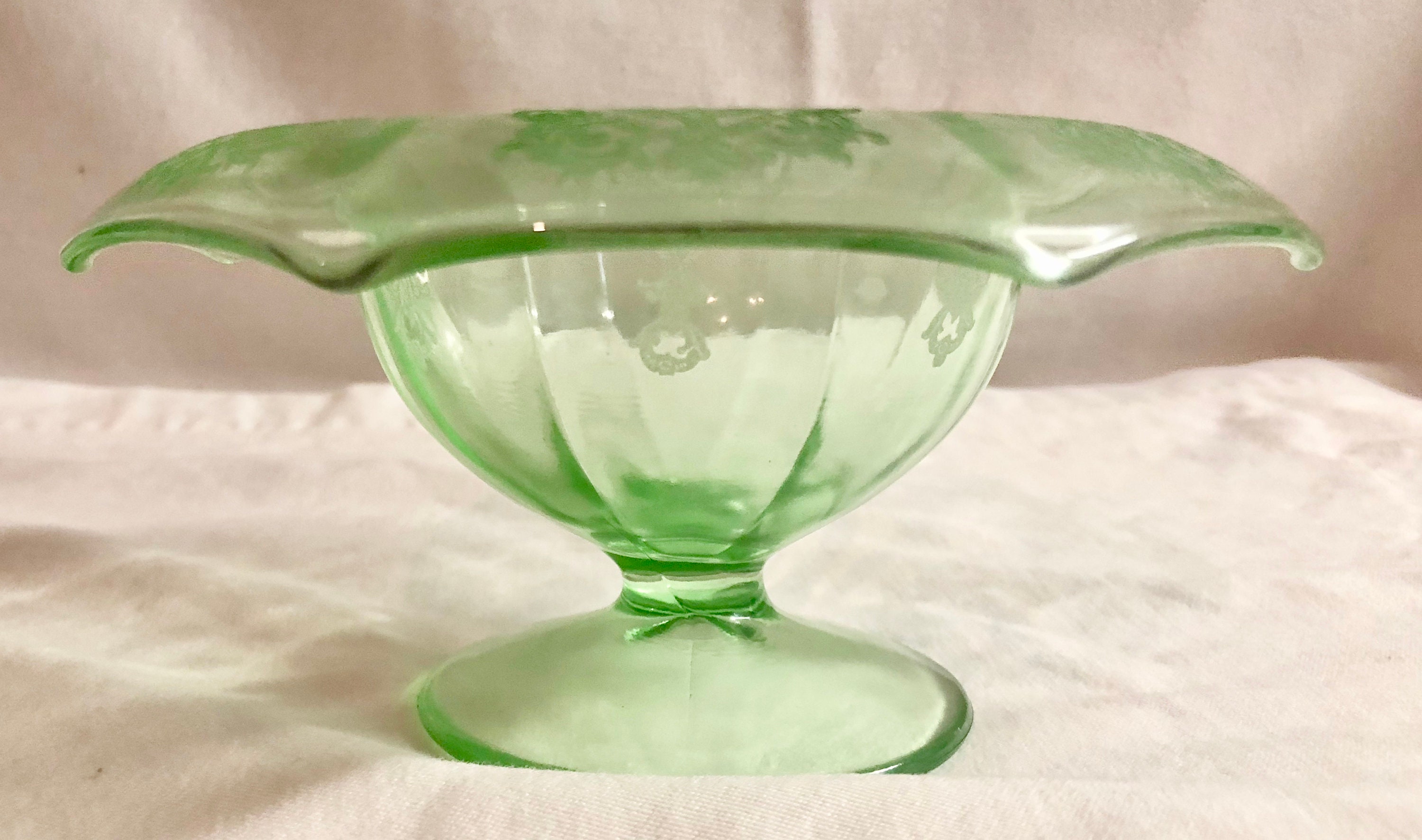 Antique Green Depression Glass Footed Candy/Trinket Dish with Scroll Design