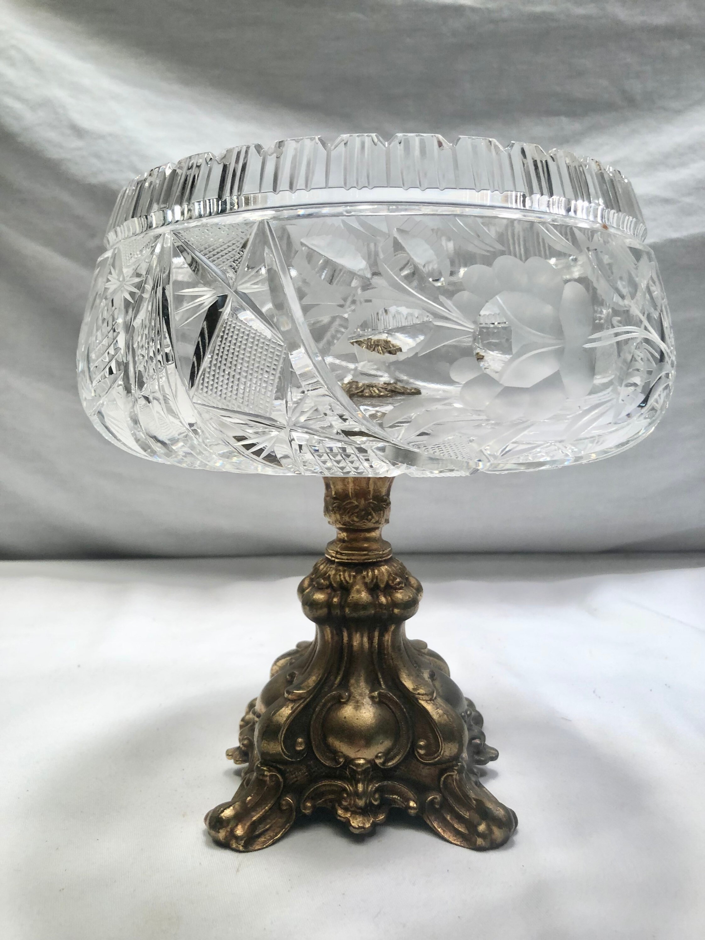Vintage Cut Crystal Brass Pedestal Centerpiece Bowl