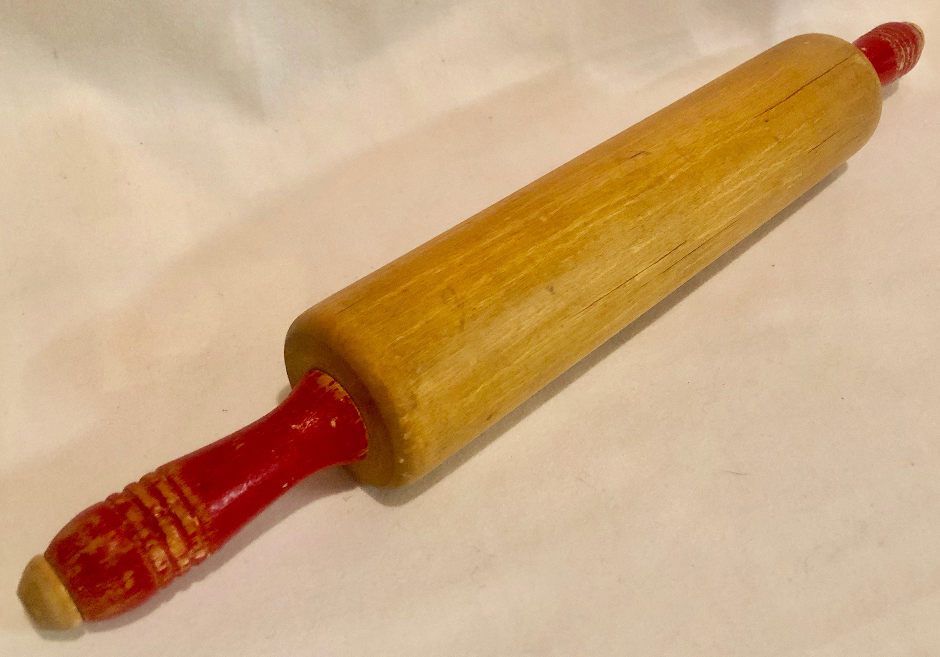 Vintage Wooden Rolling Pin With Painted Red Handles