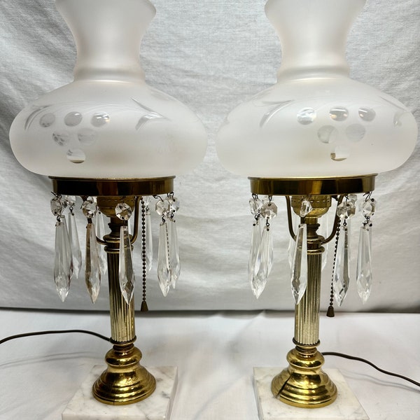 Vintage Buffet Lamps with Frosted Glass Shades, Hanging Crystals, Marble and Gold Accents, Set of Two