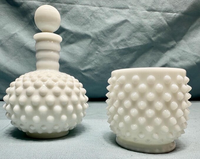 Vintage White Hobnail Milk Glass Barber Bottle and Matching Cup