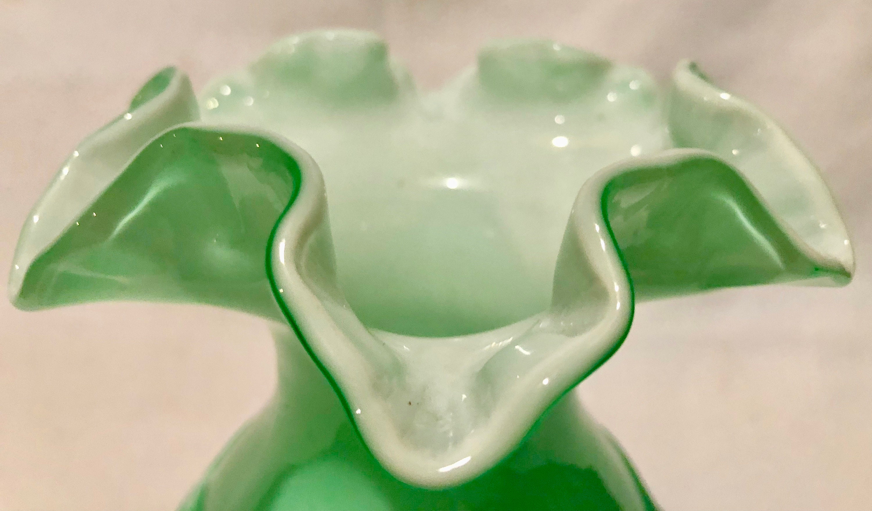 Antique Fenton Mint Green Floral Scrolled Glass Vase with Ruffled Edge