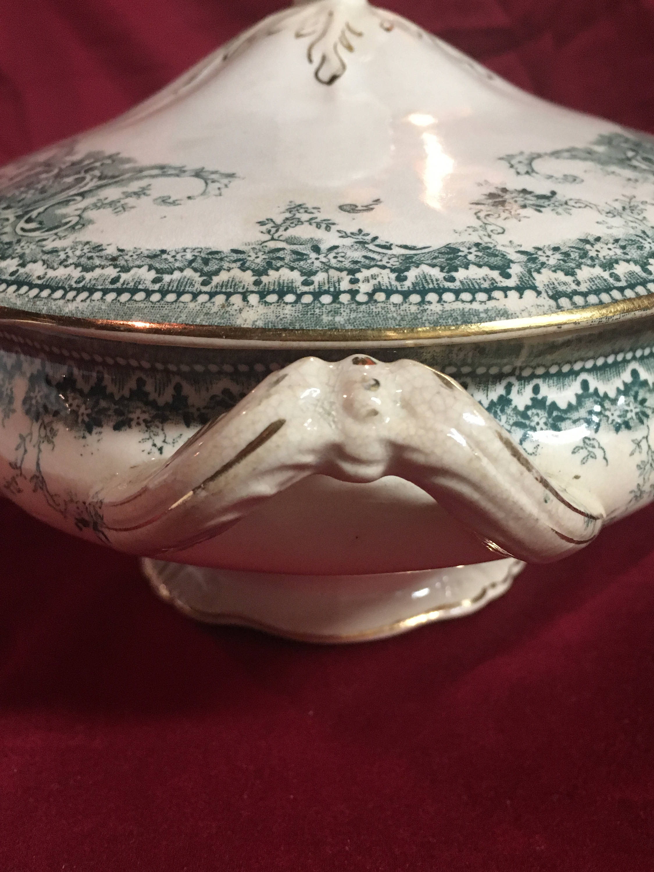 Antique Buffalo China Covered Vegetable and Gravy Boat in Bonrea Pattern