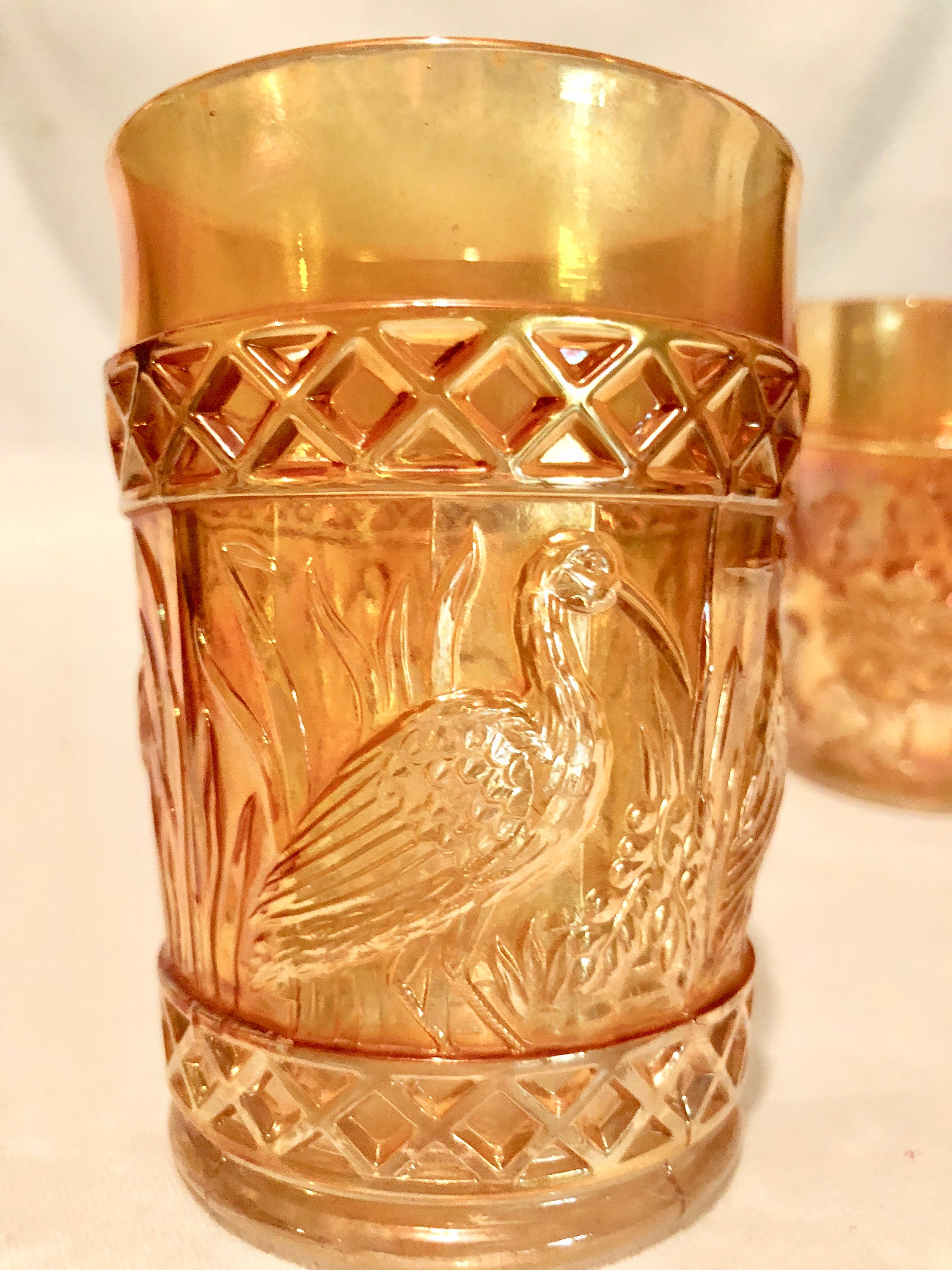 Antique Amber Gold Iridescent Carnival Glass Set of Three Juice/Water