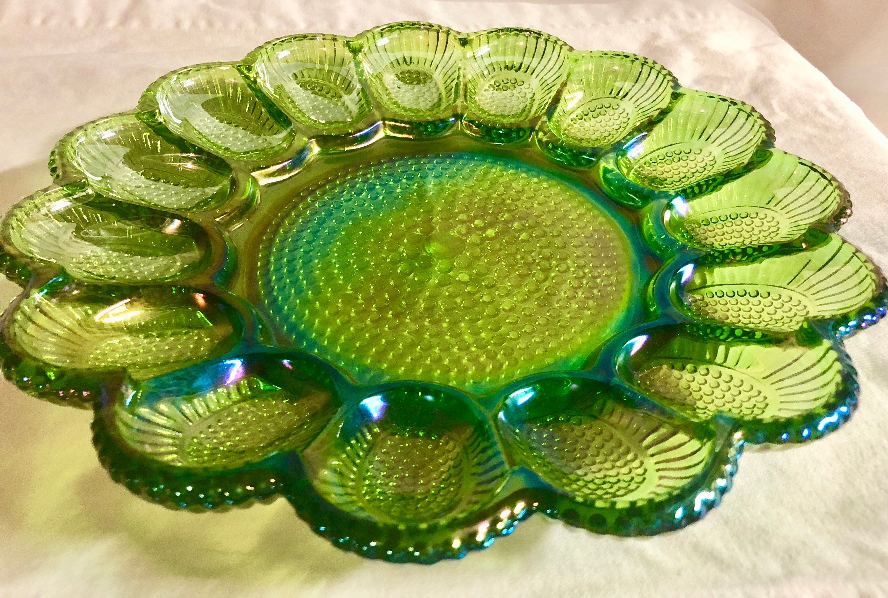 Antique Green Iridescent Hobnail Carnival Glass Deviled Egg/Oyster