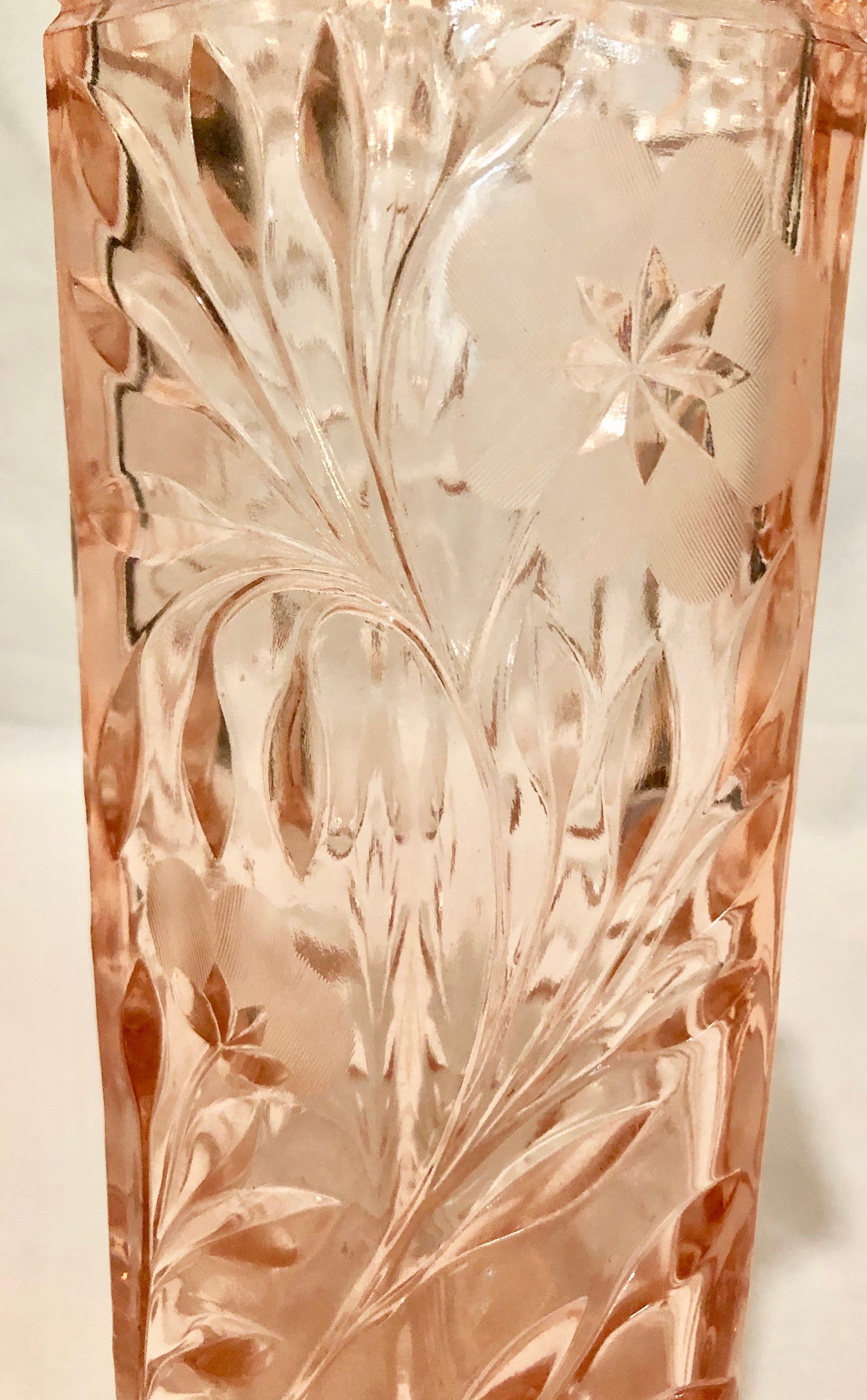 Blush Pink Depression Cut Glass Vase with Floral/Tic Tac Toe Pattern