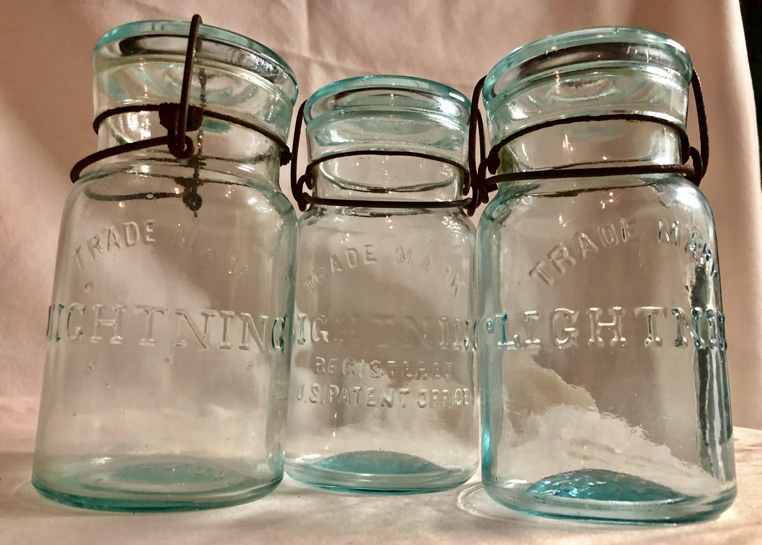 Three Medium Antique Green Tinted 'Lightening Fruit/Canning Jars