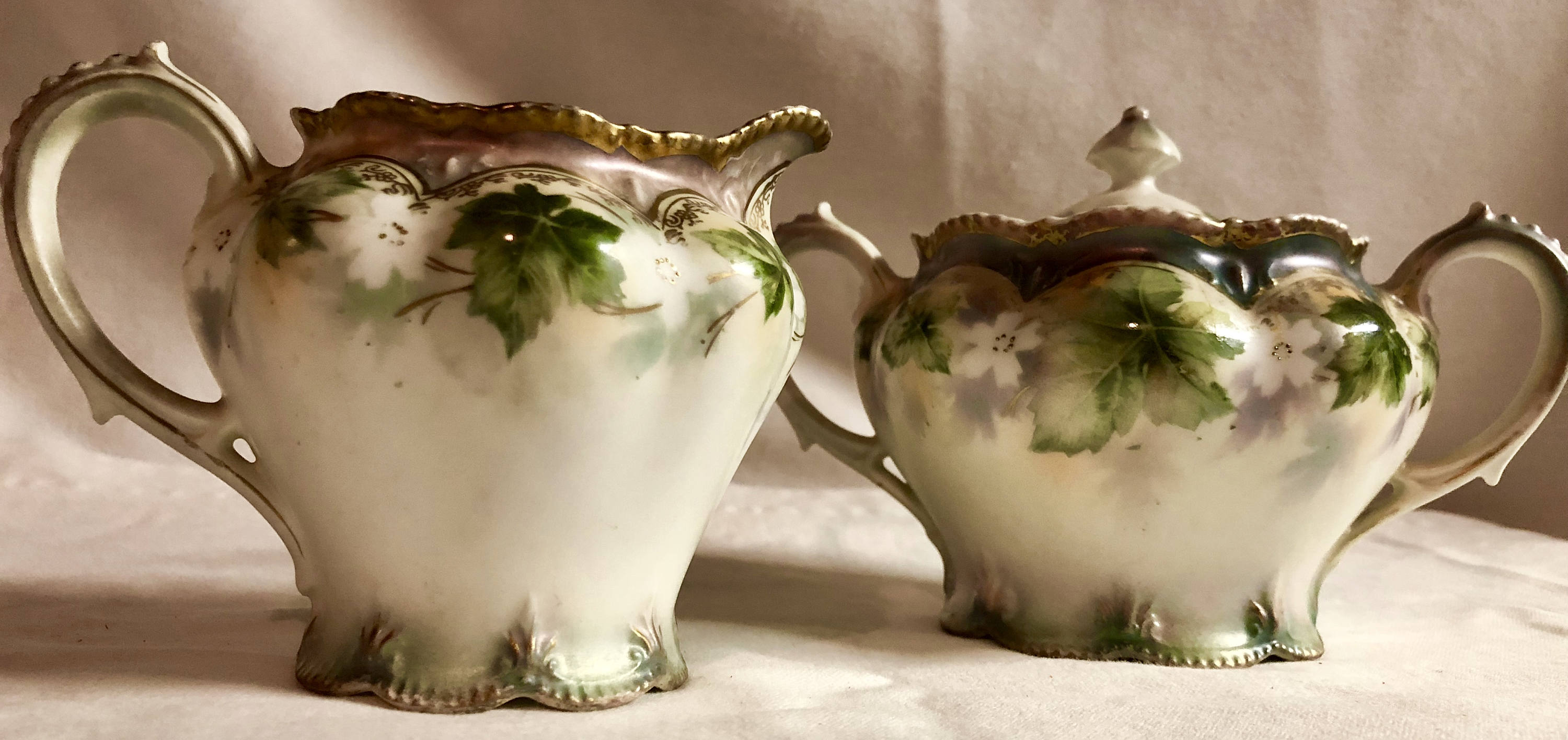 Antique RS Prussia Cream & Sugar Bowl with Green Ivy and Delicate White