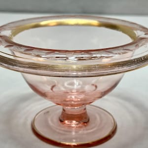 Vintage Blush Pink Depression Glass Pedestal Candy/Serving Dish with Floral Etched Rim and Gold Gilt