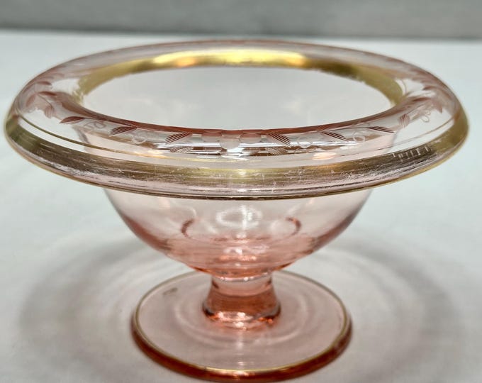 Vintage Blush Pink Depression Glass Pedestal Candy/Serving Dish with Floral Etched Rim and Gold Gilt