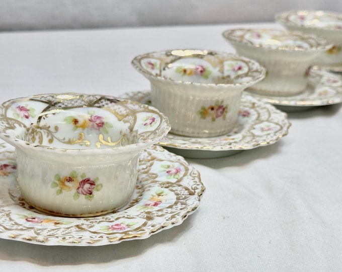 Antique Porcelain Floral and Gold Gilt Custard Cups with Plates, Set of Four