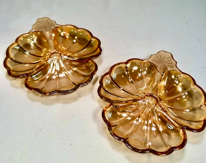 Vintage Amber/Marigold Iridescent Carnival Glass Clover Leaf Candy/Jewelry/Serving Dishes-Set of Two