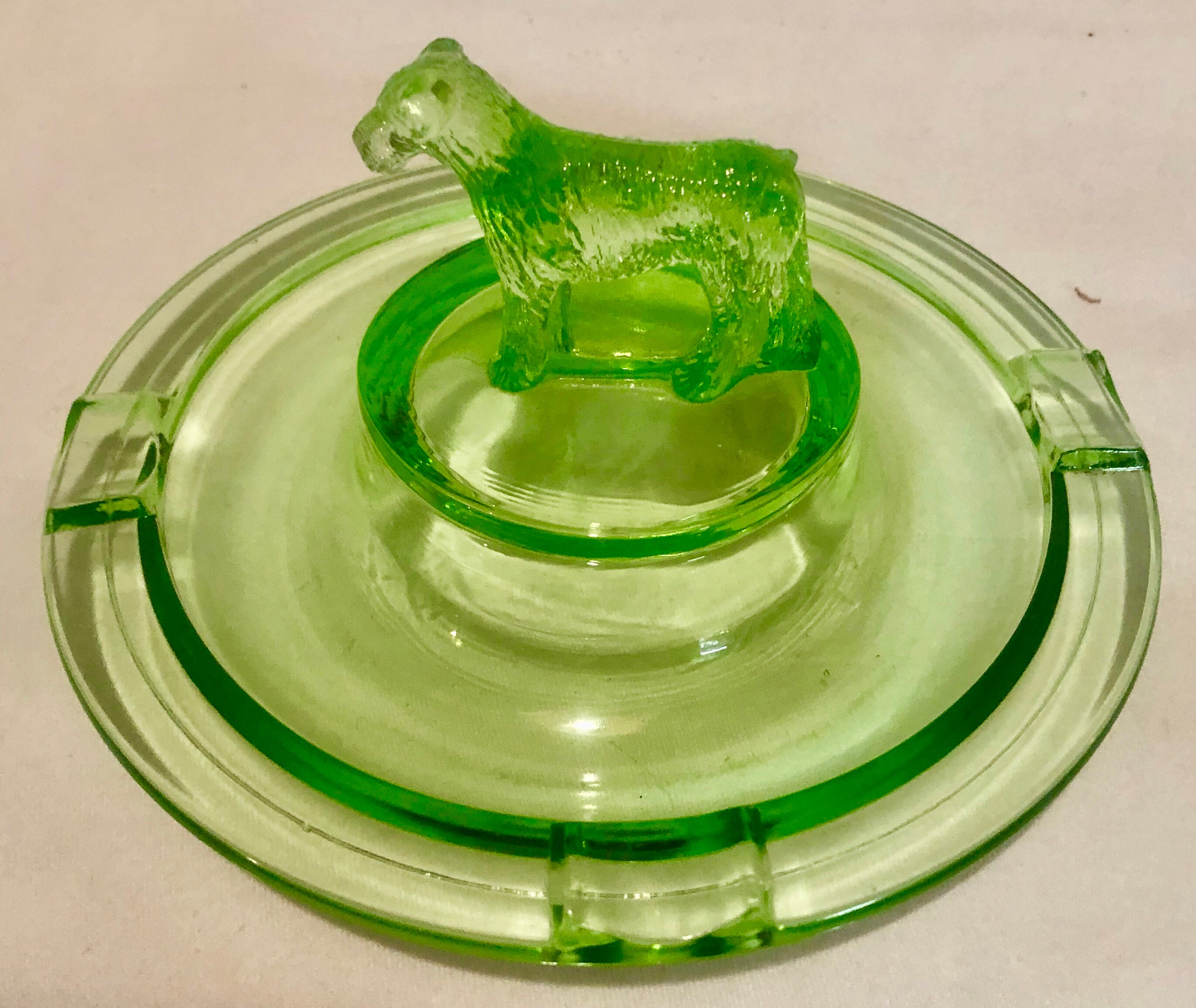 Vintage Green Vaseline/Uranium Depression Glass Terrier/Scottie Dog Ashtray