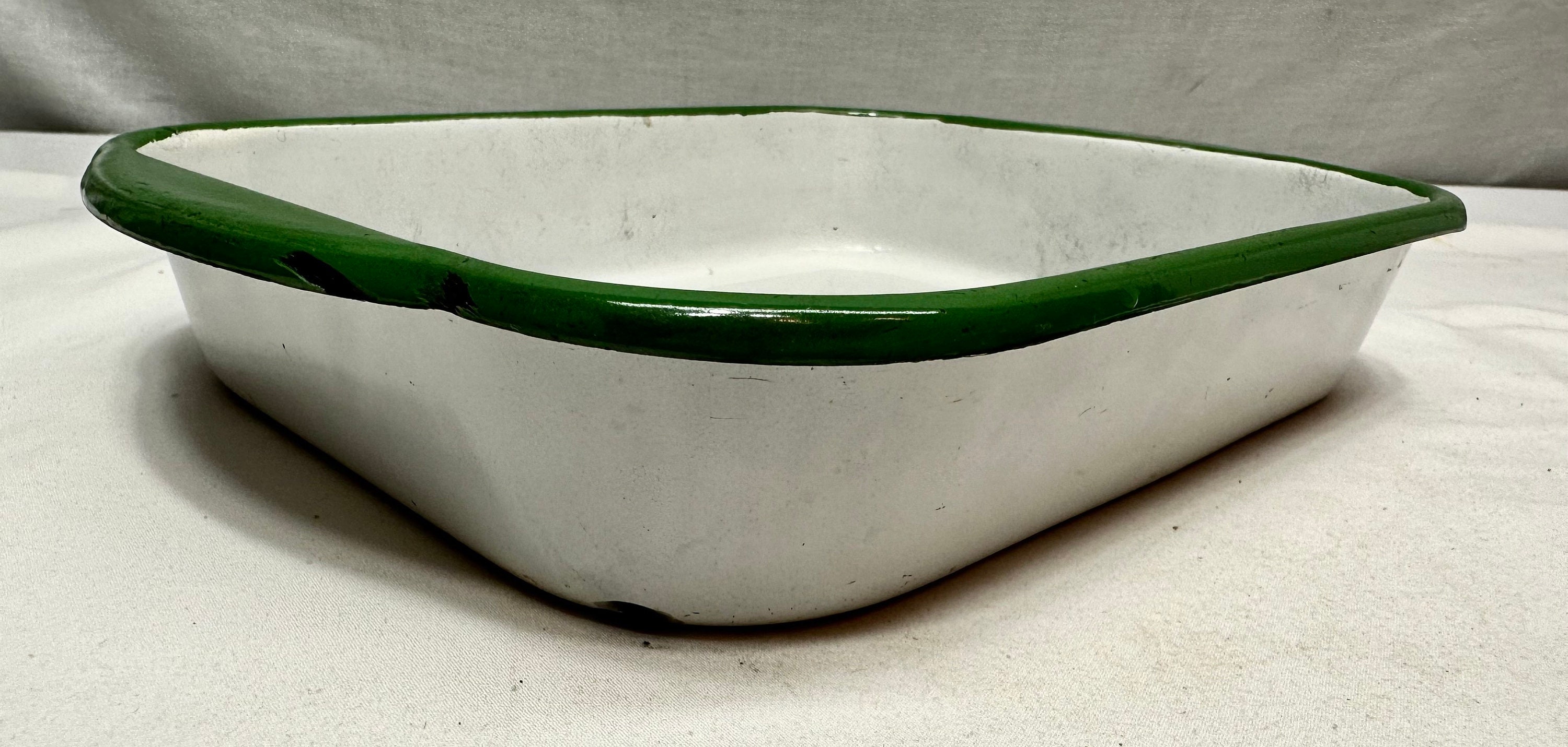 Vintage Enamelware Bakeware PanWhite and Green 8 x 10 Cake Pan/Casserole Dish