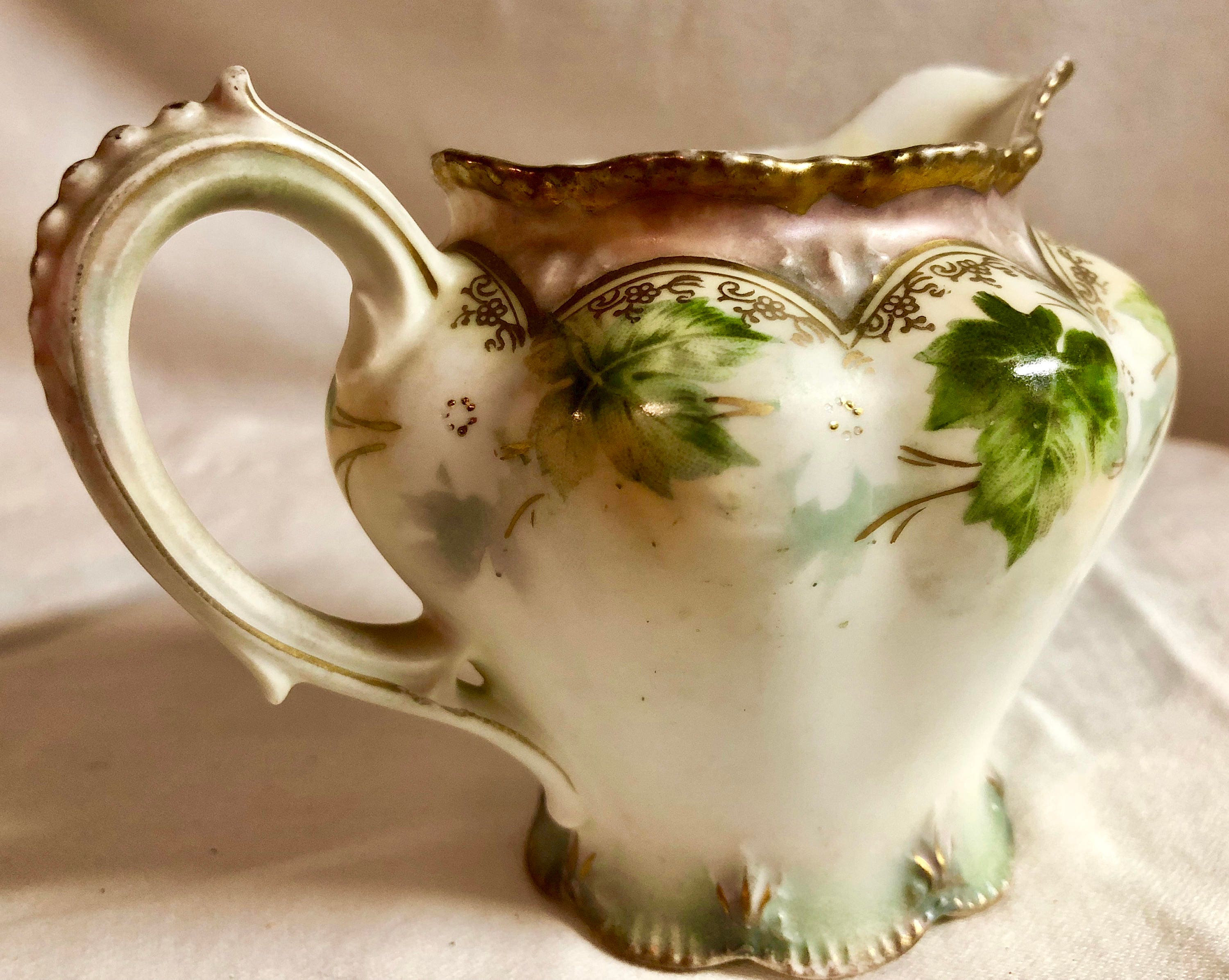 Antique RS Prussia Cream & Sugar Bowl with Green Ivy and Delicate White