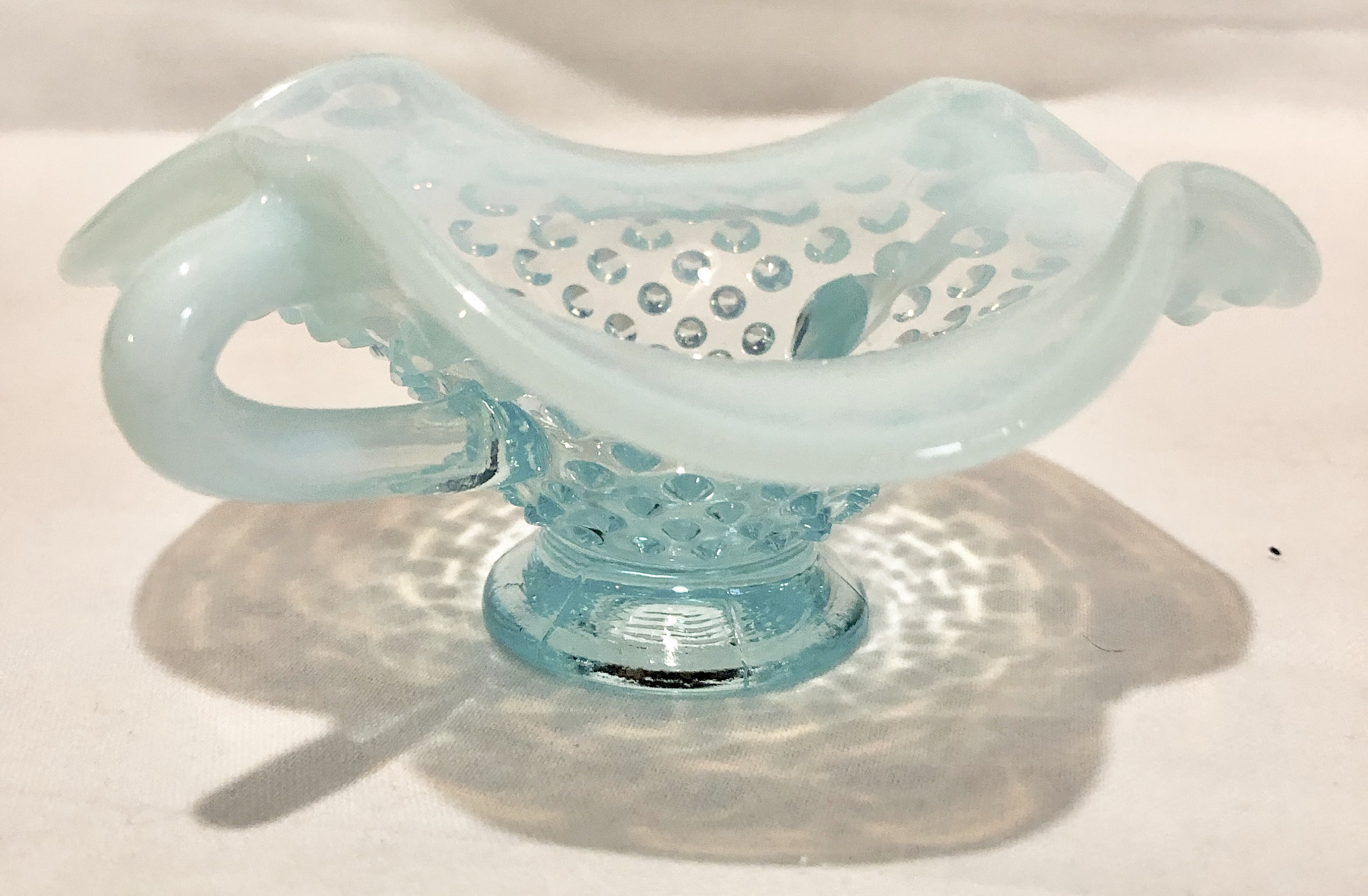 Fenton Blue Opalescent Vintage Hobnail Footed Glass Bowl with Handles