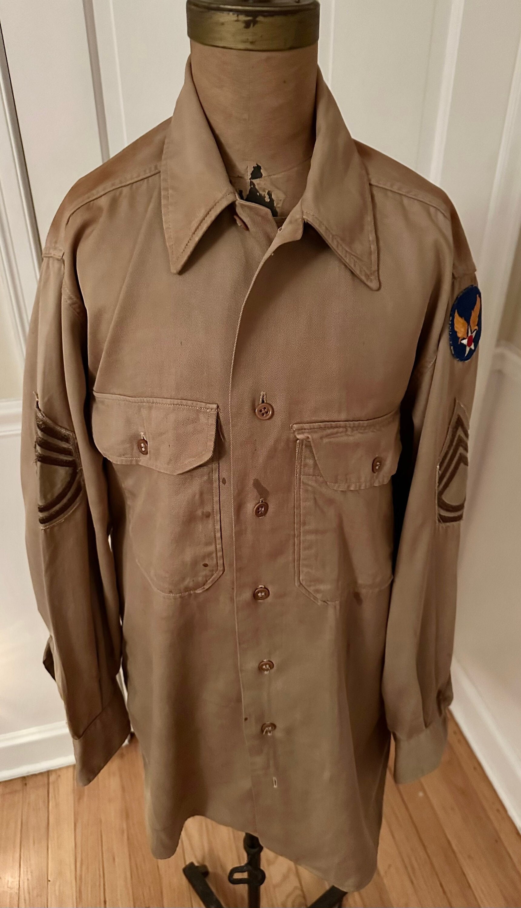 Vintage WWII Military Issued Army Button Down Uniform Shirt with Patches