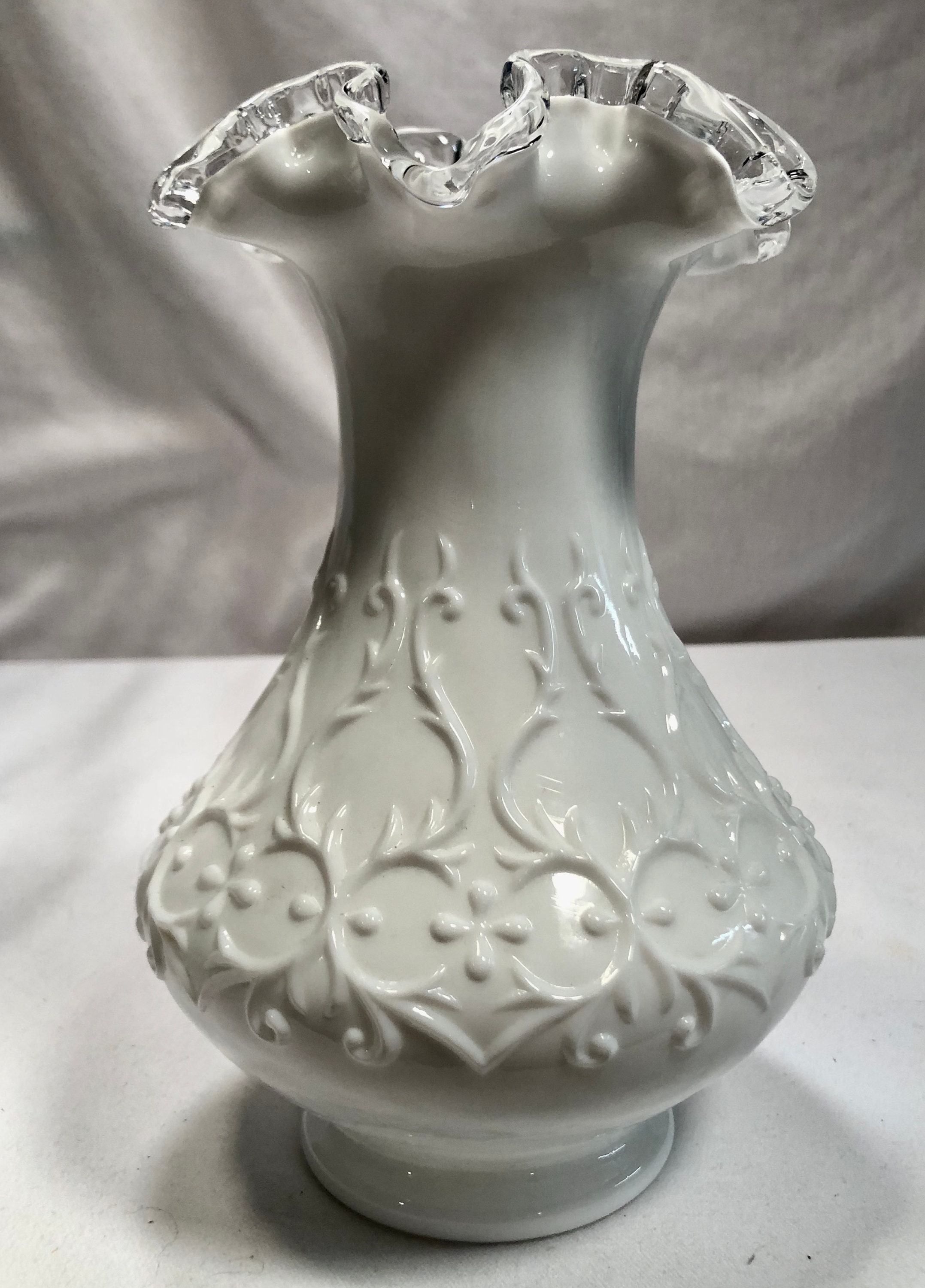 Vintage Fenton Spanish Lace White Milk Glass Vase with Silver Crest Ruffled Top