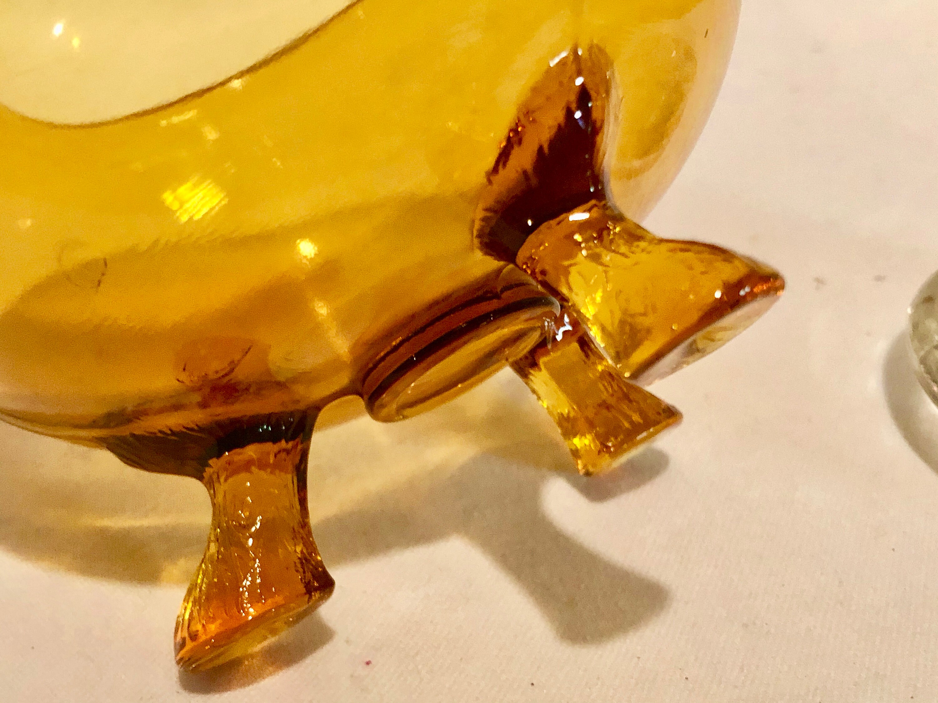 Vintage Amber Gold Three Footed Glass Flower Frog