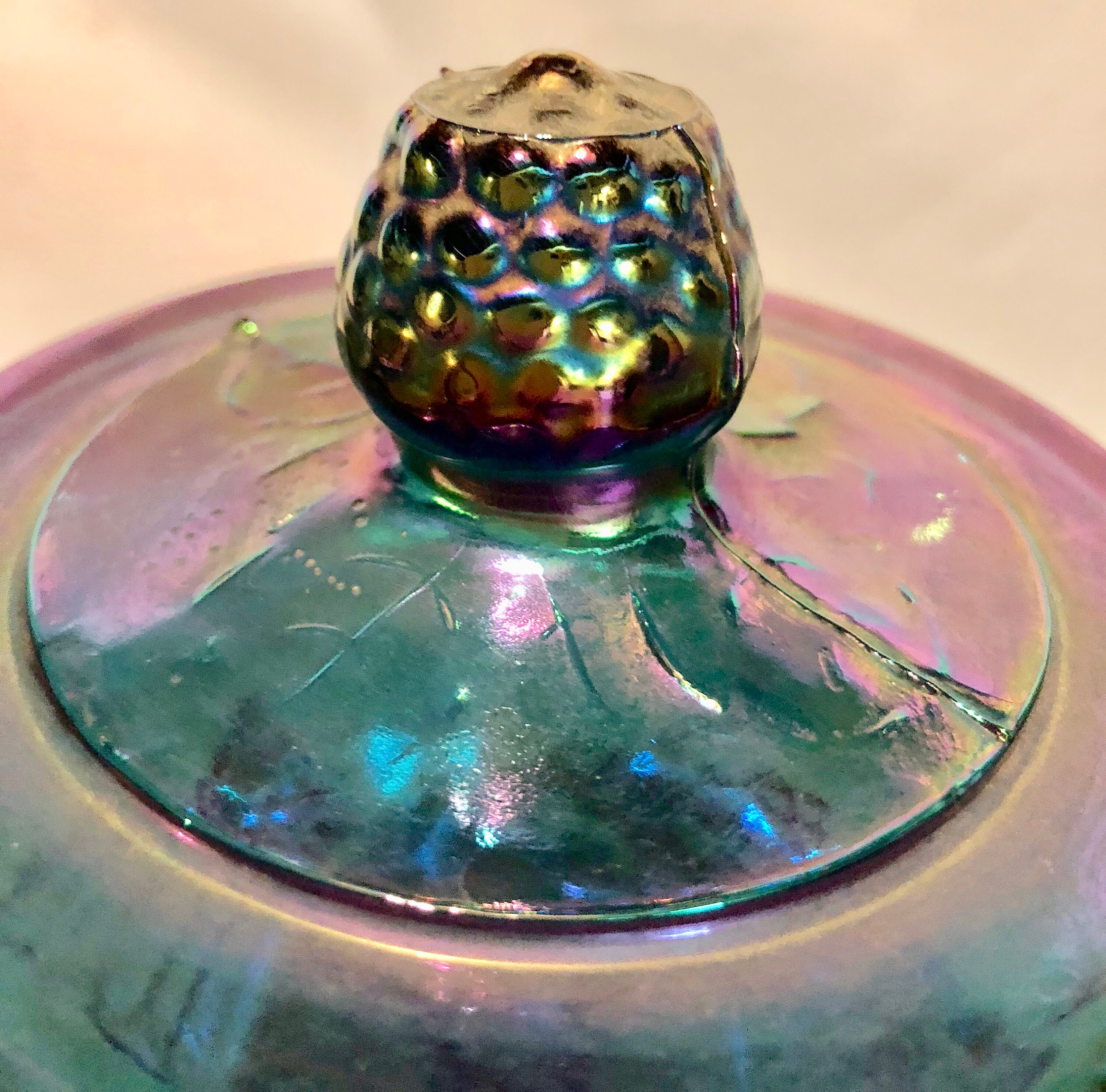 Antique Iridescent Blue Carnival Glass Grapevine Pattern Pedestal Candy