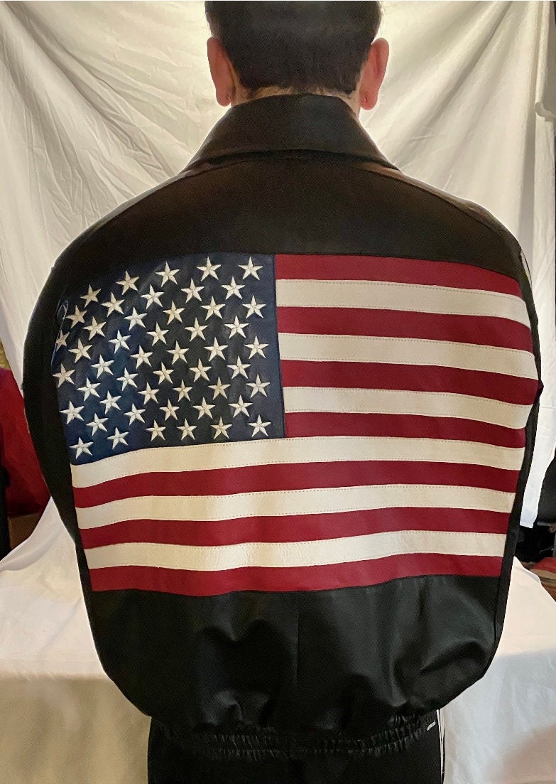 Vintage USA Black Leather Jacket with American Flag, Size XL, Lucky