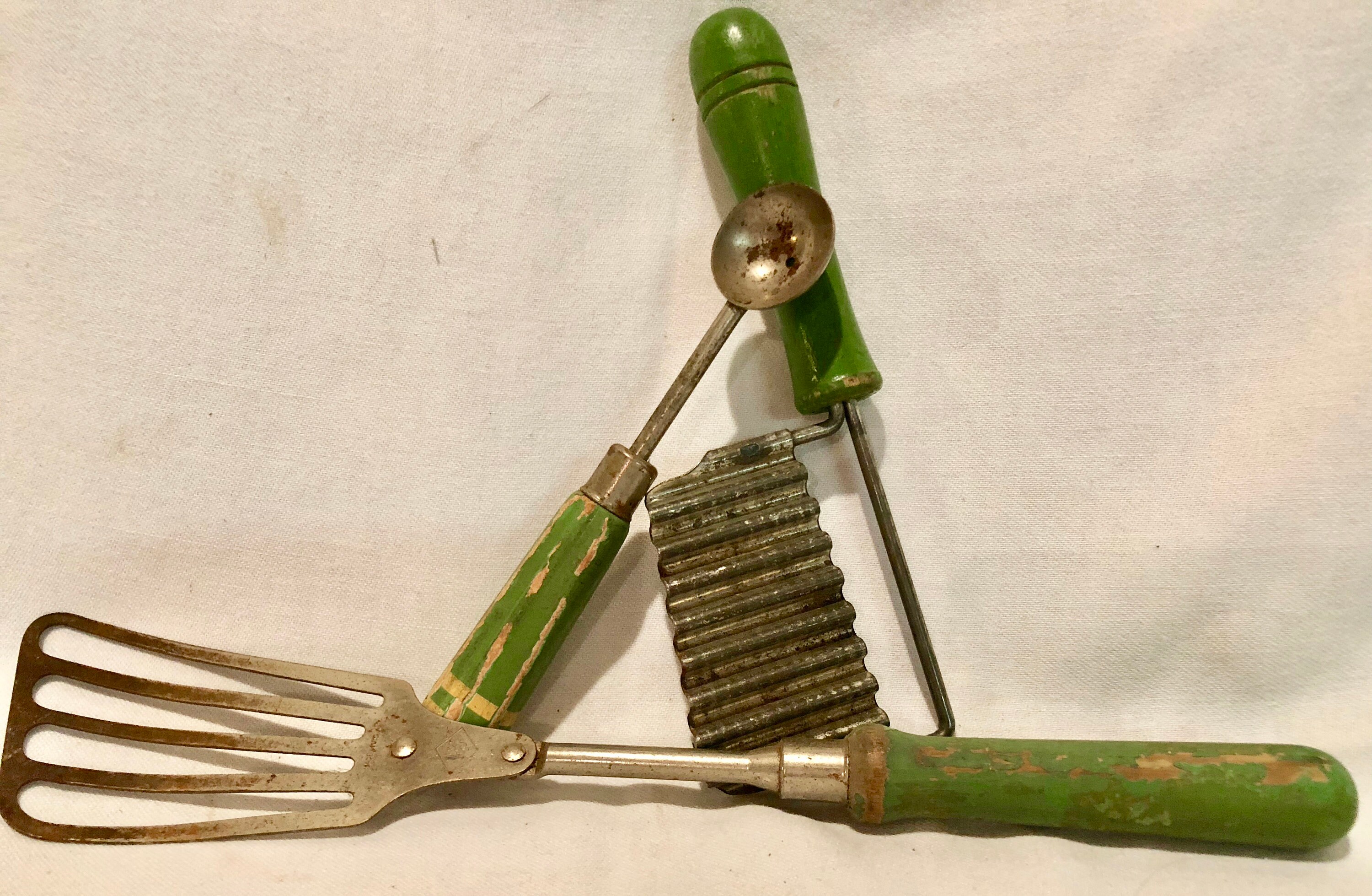 Vintage Midcentury Kitchen Cooking Utensils with Green Painted Wooden