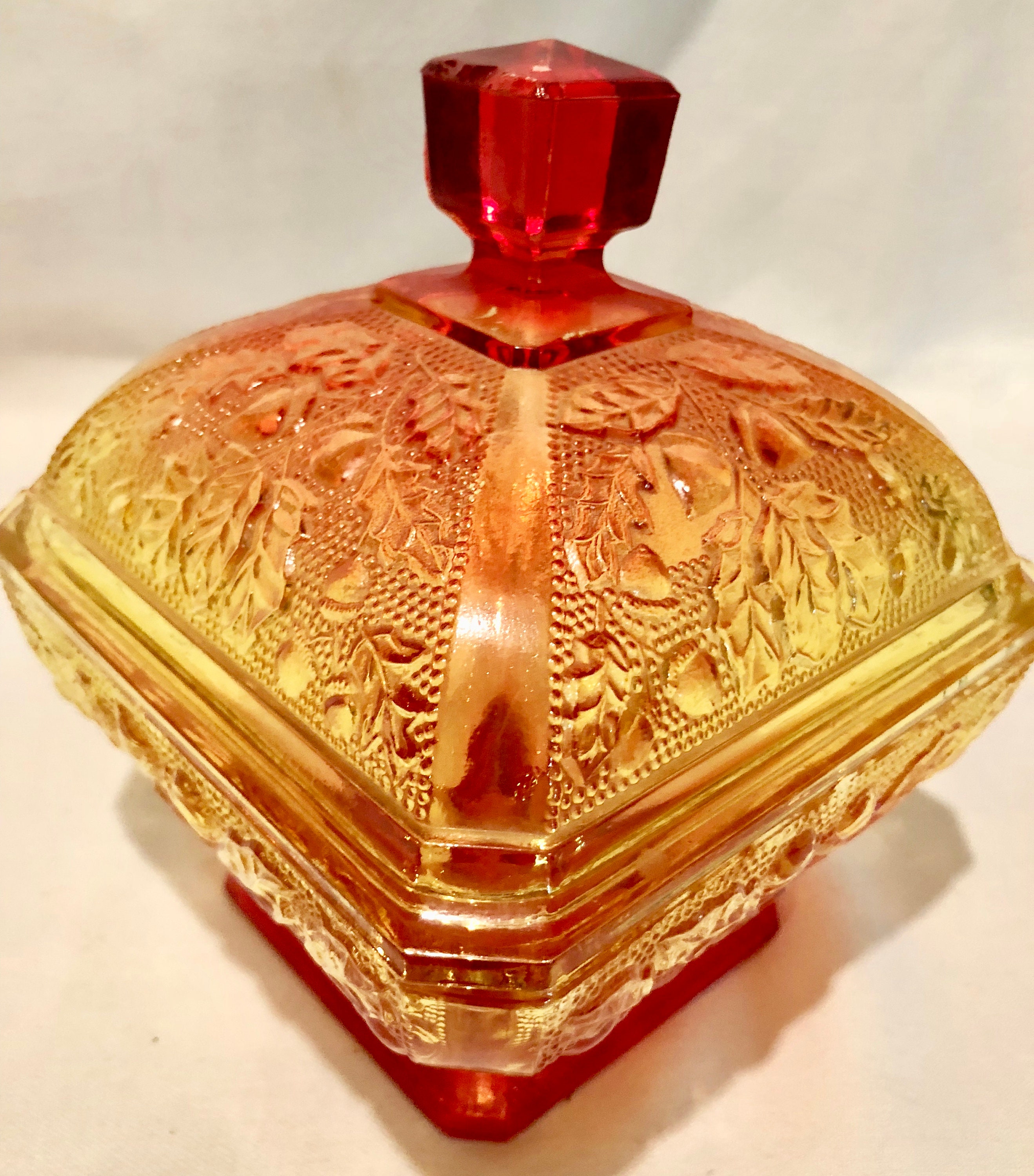 Download Vintage Amberina Square Shaped Depression Glass Footed/Lidded Dish with Acorn and Leaf Pattern