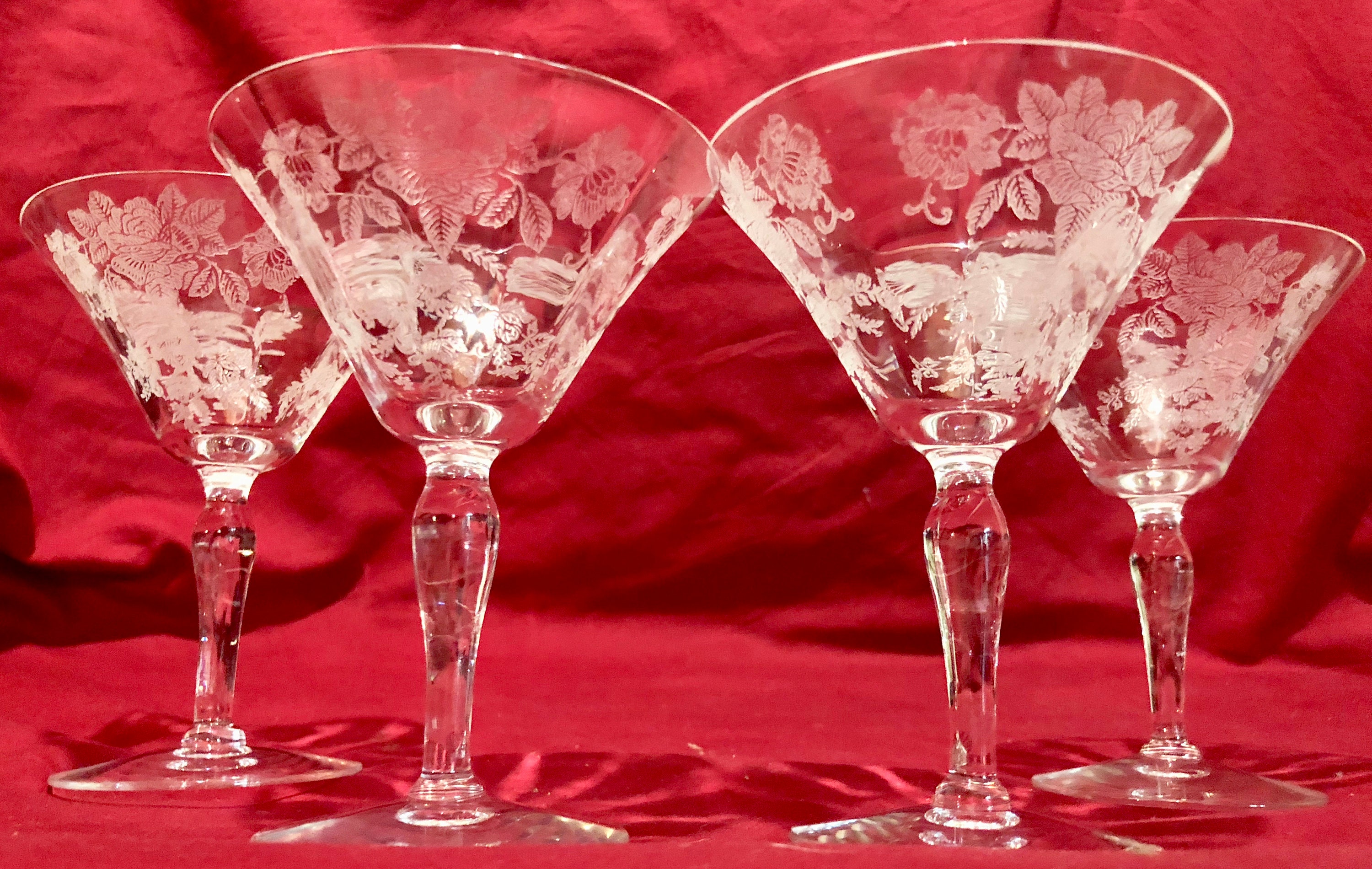 Vintage Clear Glass Cocktail/Martini Glasses with Frosted White Floral Etched Pattern Set of Four