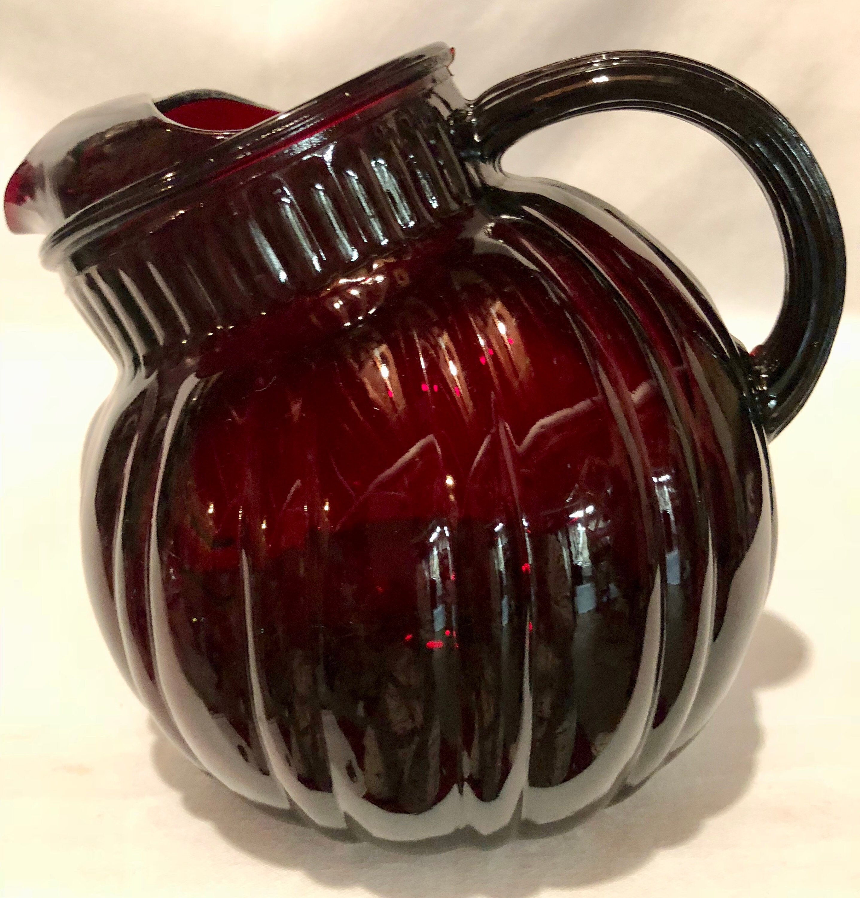 Antique Depression Glass Ruby Red Water/Juice Pitcher with Ribbed Pattern and Ice Lip
