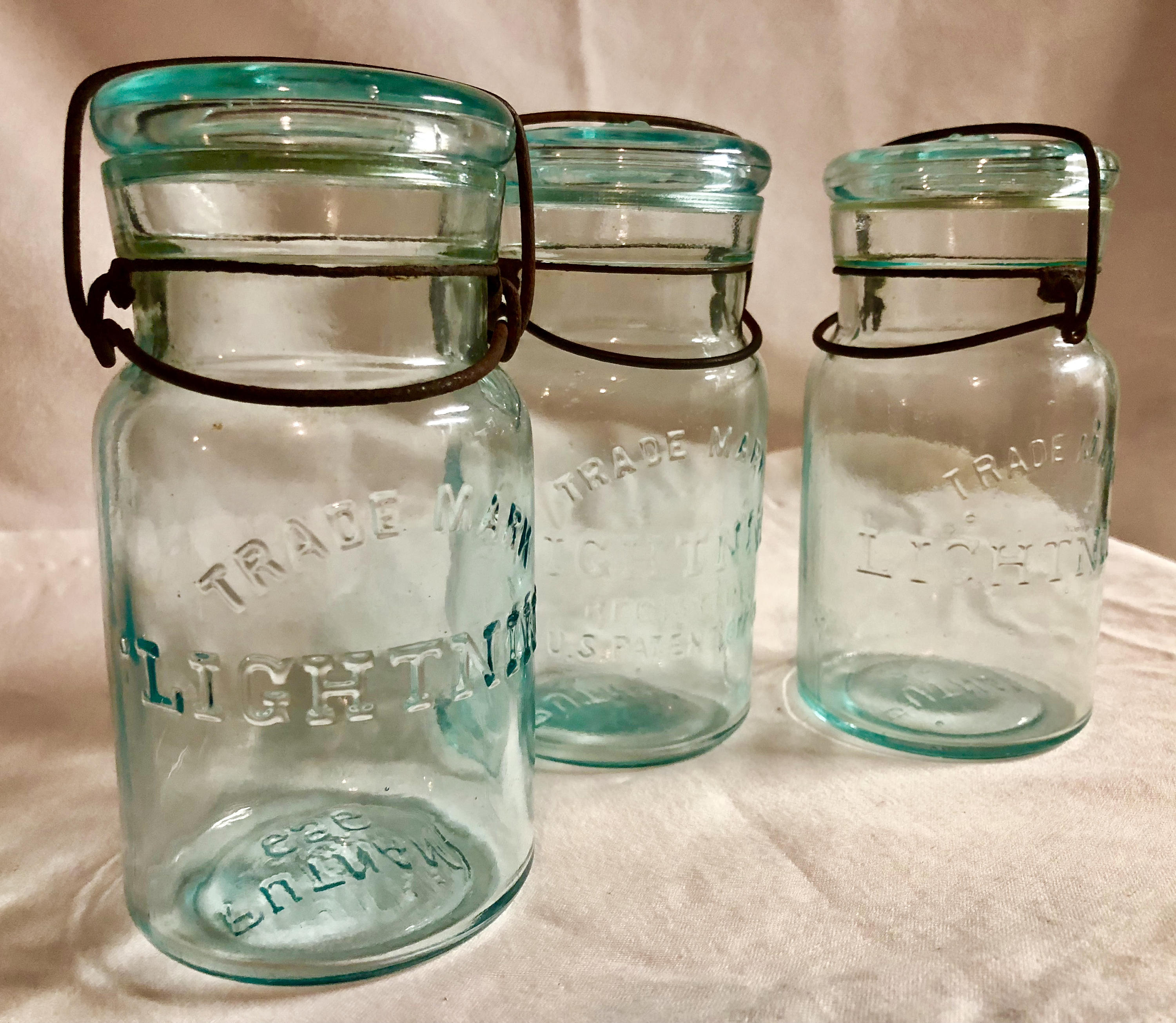 Three Medium Antique Green Tinted 'Lightening Fruit/Canning Jars