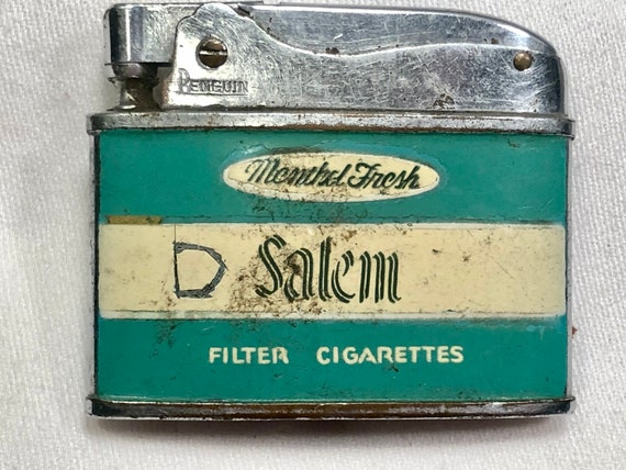salem silver box cigarettes Vintage Salem Menthol Fresh Filter Cigarettes,super Automatic Lighter No  18250, Penguin,made in Japan