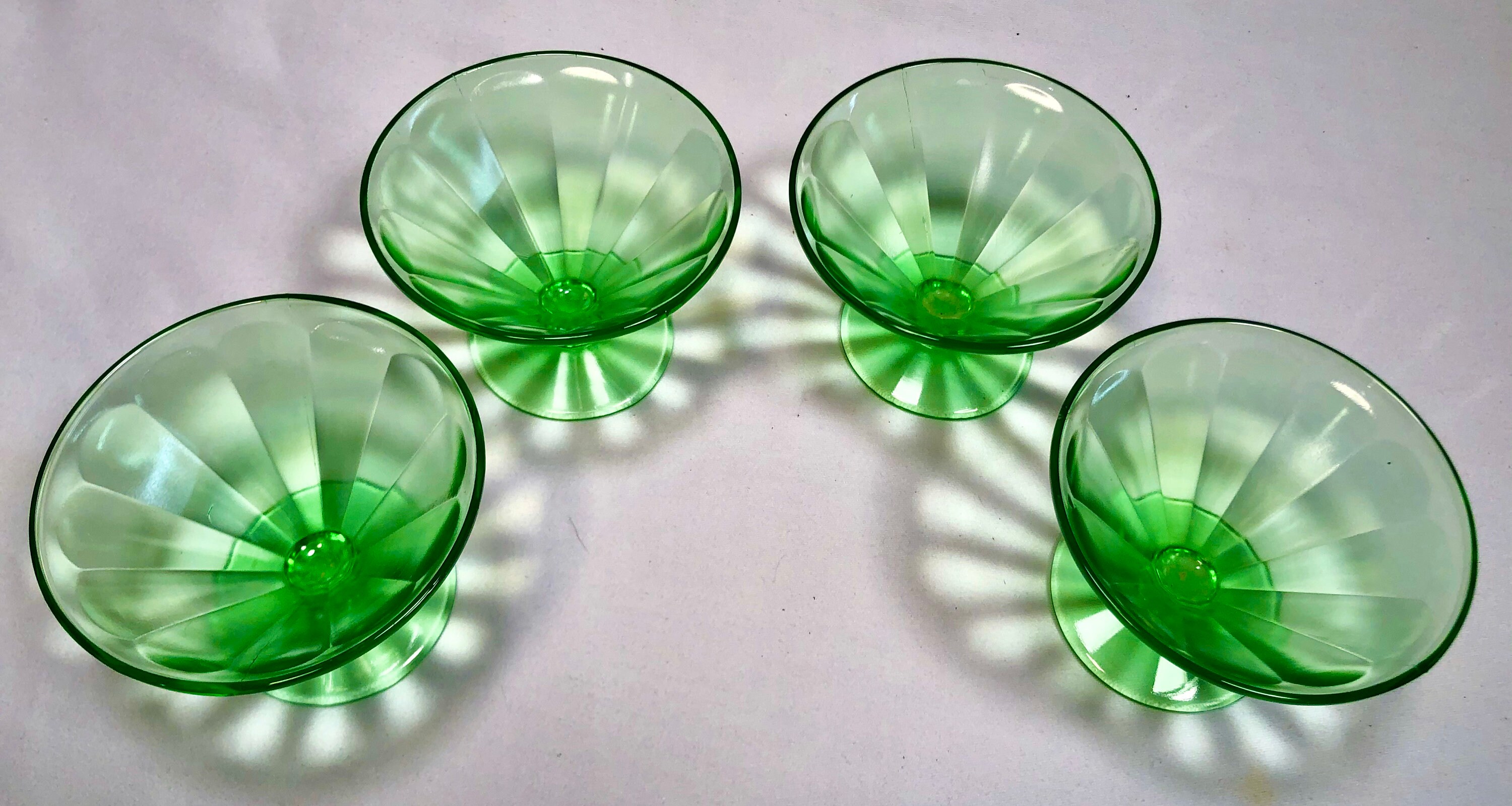 Vintage Midcentury Green Glass Dessert Dishes Set of Four