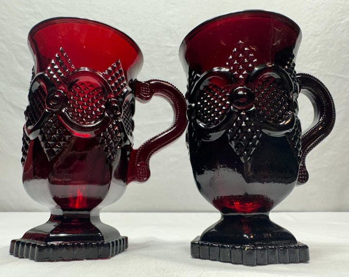 Vintage Avon 1876 Cape Cod Collection Ruby Red Glass Pedestal Mugs-Set of Two with Original Box