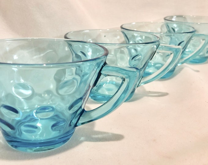 Vintage Hazel-Atlas Capri Dot Turquoise/Aqua Glass Tea Cups -Set of Four