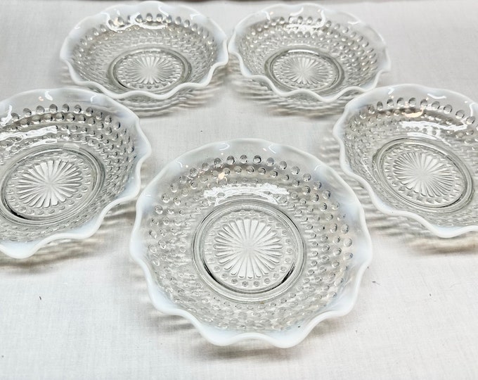 Vintage Fenton Moonstone Opalescent Hobnail Berry Bowls with Milk Glass Ruffled Edges-Set of Five