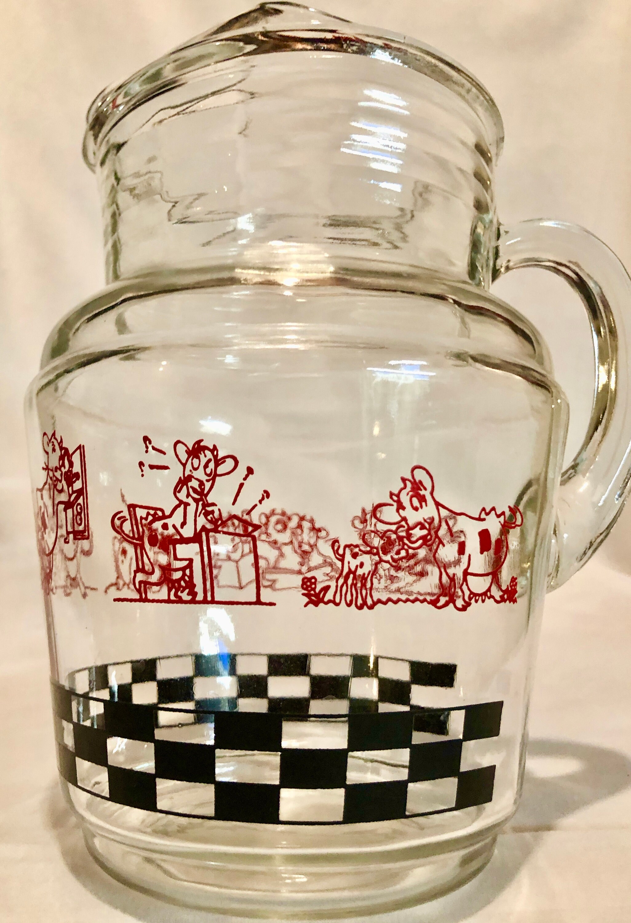 Vintage Dancing Cows Clear Glass Juice Pitcher with Ice Lip, Circa 1950's