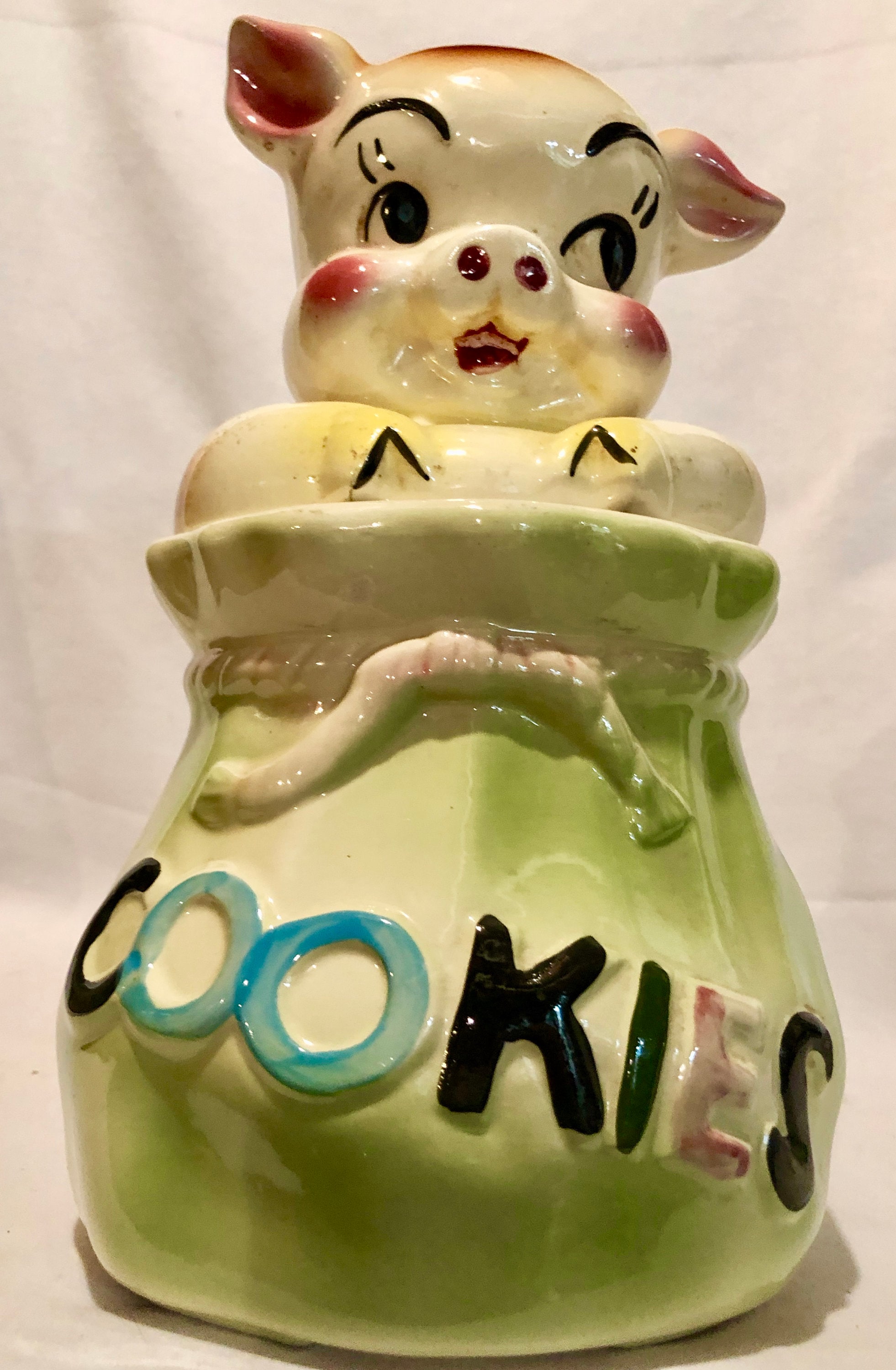 Vintage Mid Century USA American Bisque Pottery 'Pig In a Poke' Cookie Jar