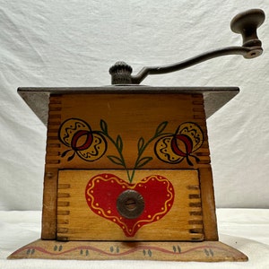 Vintage Painted Wooden Dovetail Coffee Grinder/Mill with Cast Iron Hardware