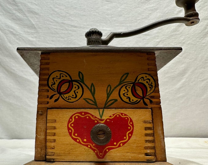 Vintage Painted Wooden Dovetail Coffee Grinder/Mill with Cast Iron Hardware