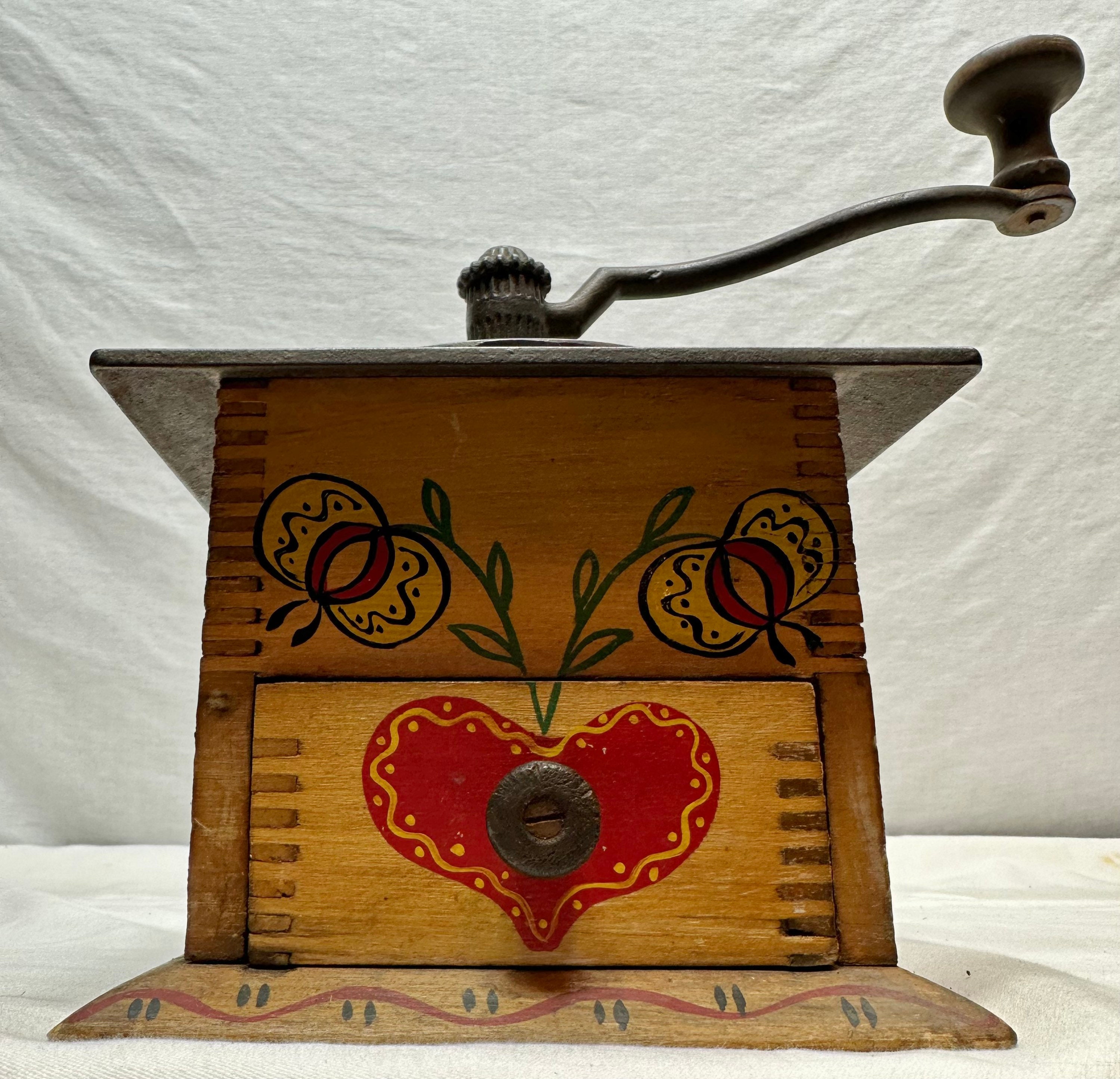 Vintage Painted Wooden Dovetail Coffee Grinder/Mill with Cast Iron Hardware