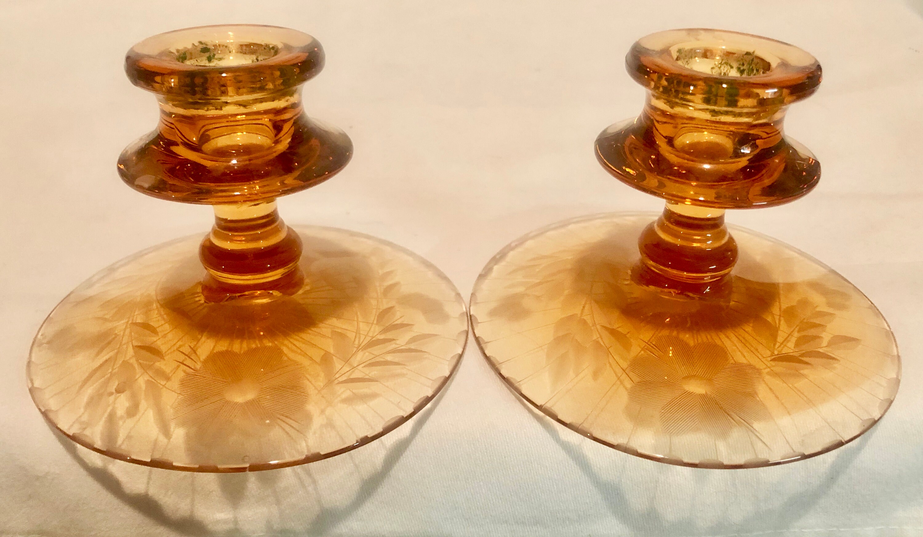 Vintage Amber Etched Depression Glass Candlesticks Pair of Two